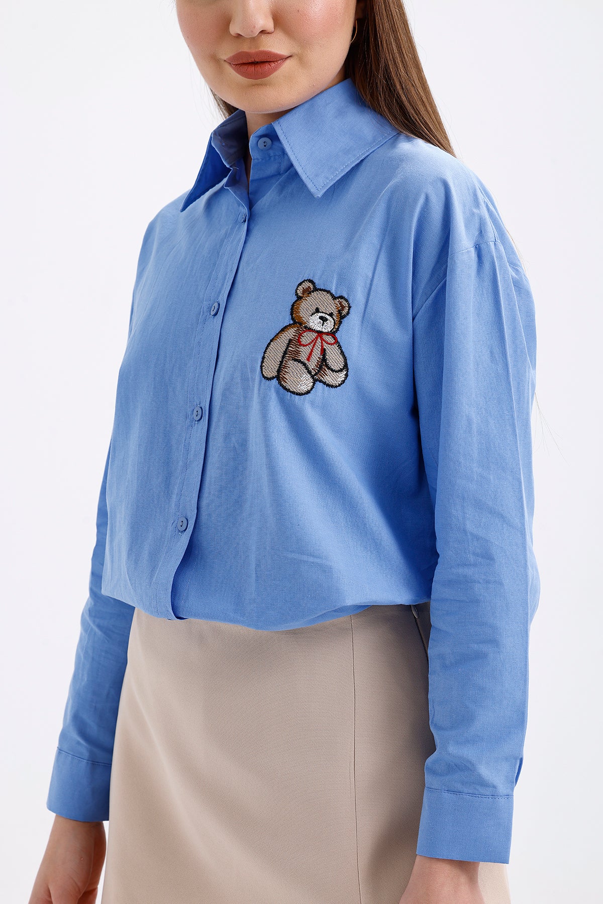 Pocket Bear Embroidered Shirt Blue