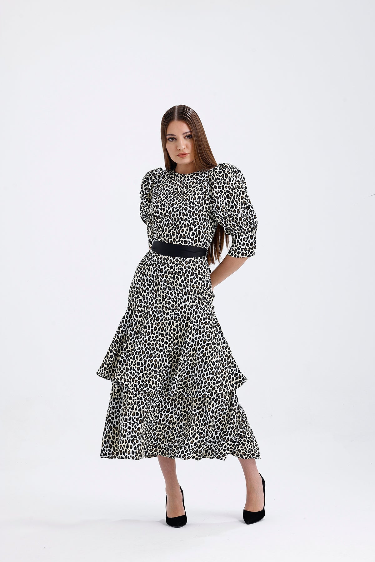 Loya Leopard Belt Detailed Satin Dress