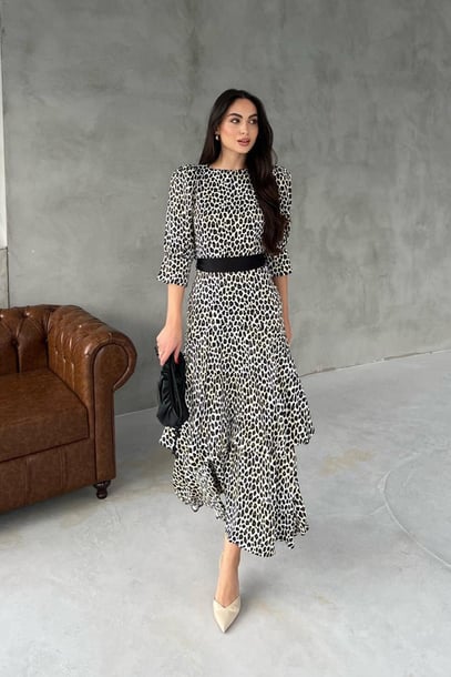 Loya Leopard Belt Detailed Satin Dress