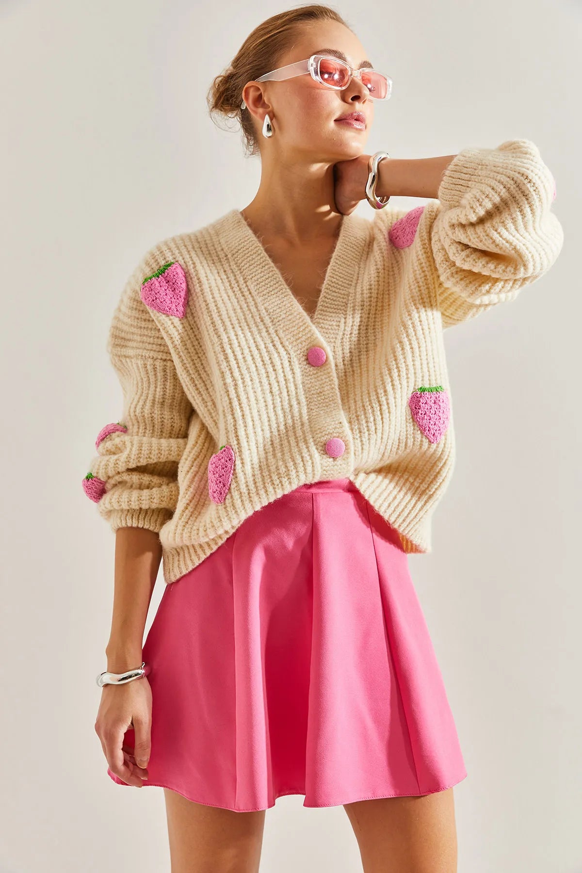 Strawberry Buttoned Knitted Cardigan