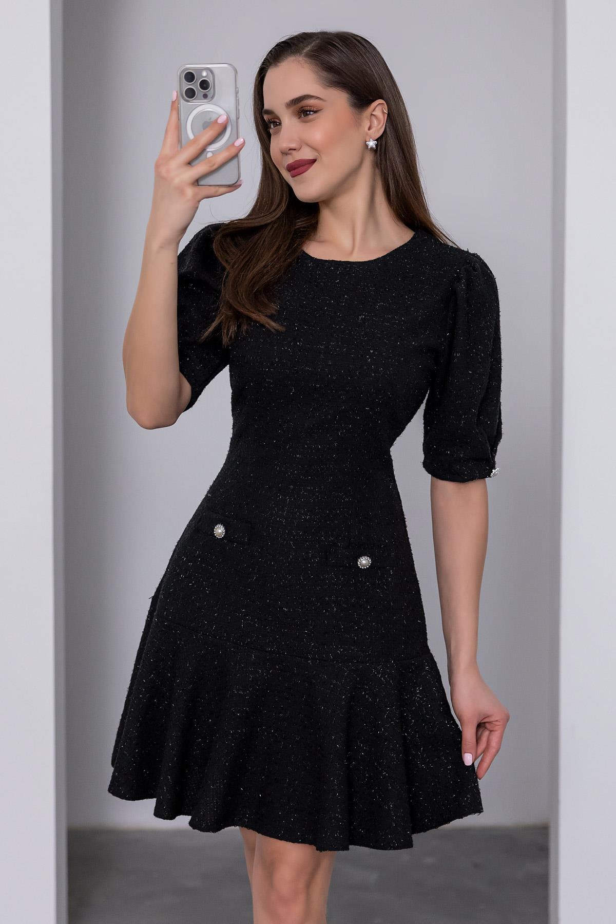 Button Detail Tweed Dress - BLACK