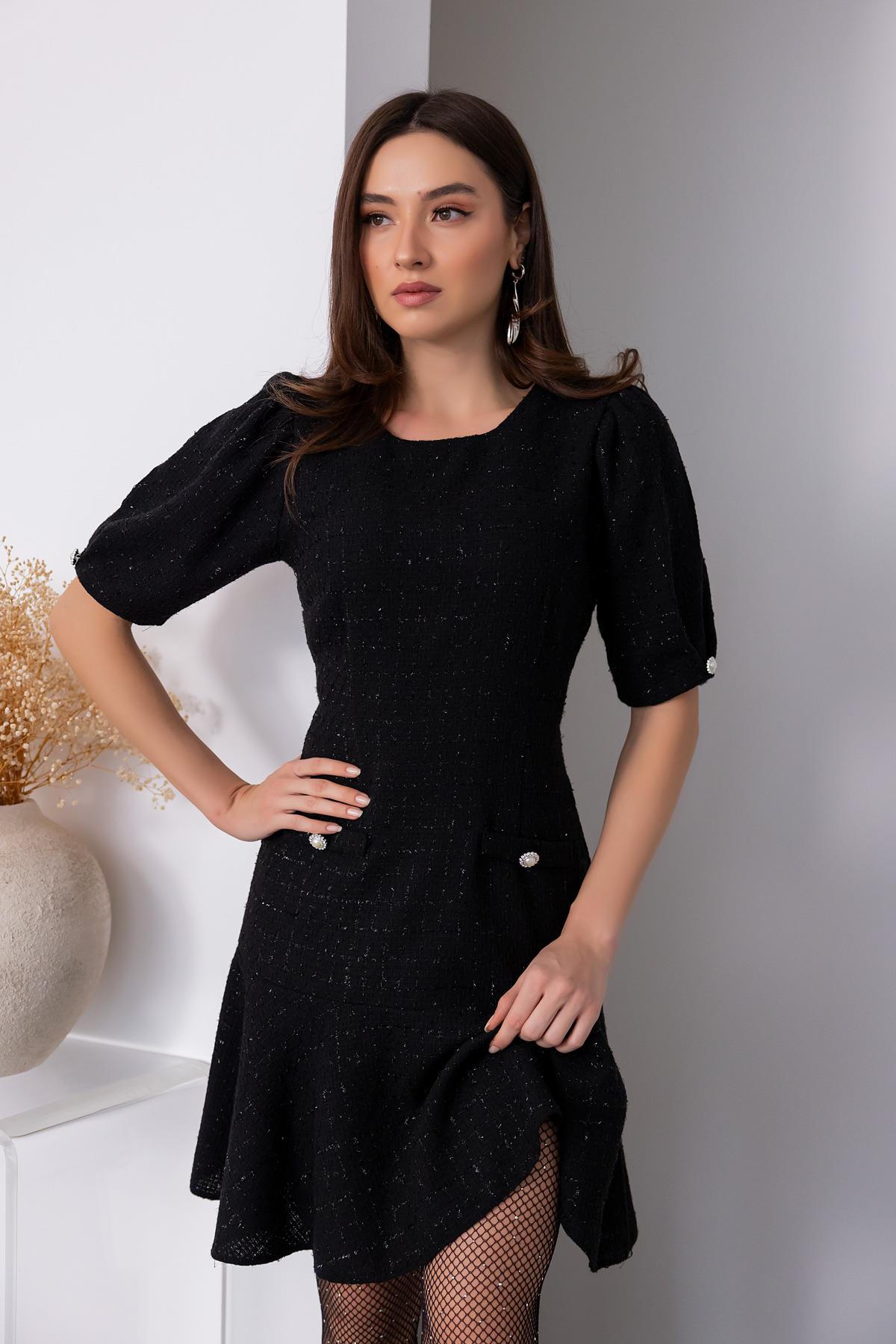 Button Detail Tweed Dress - BLACK