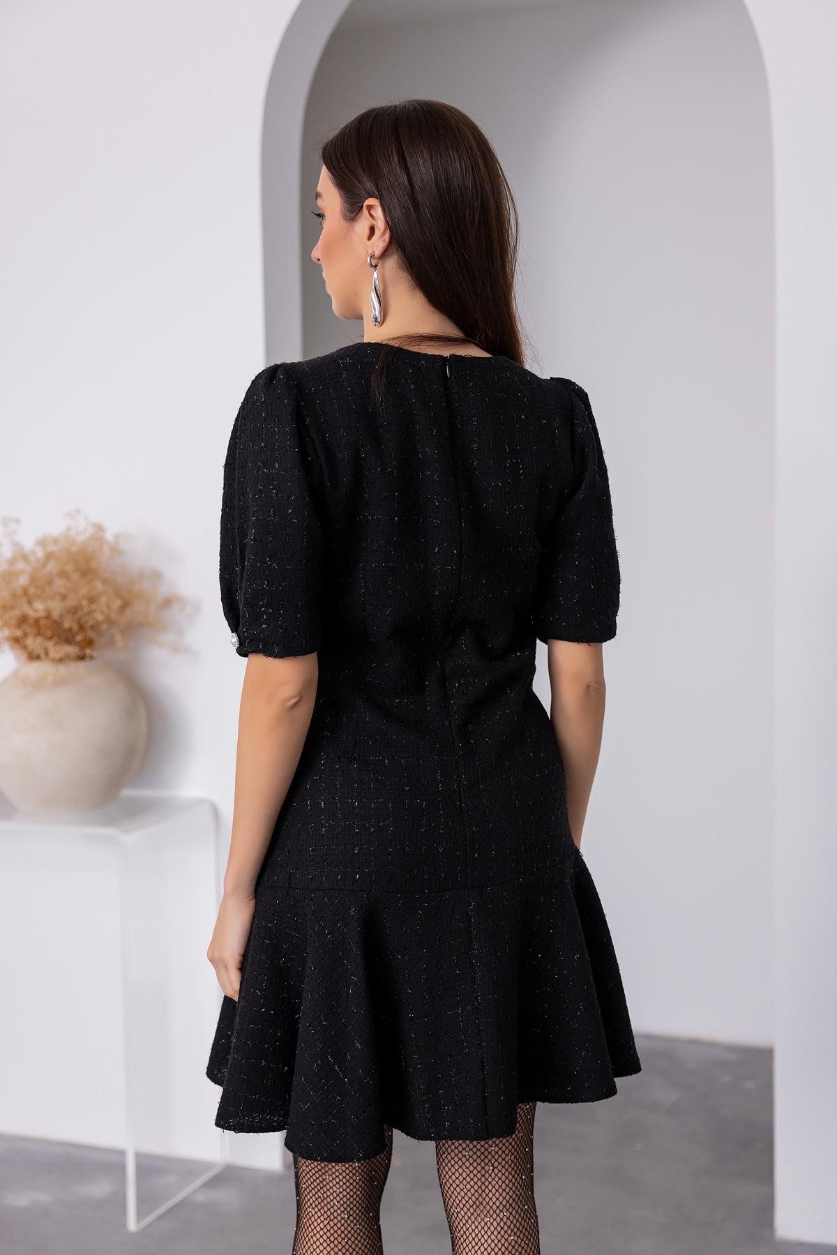 Button Detail Tweed Dress - BLACK