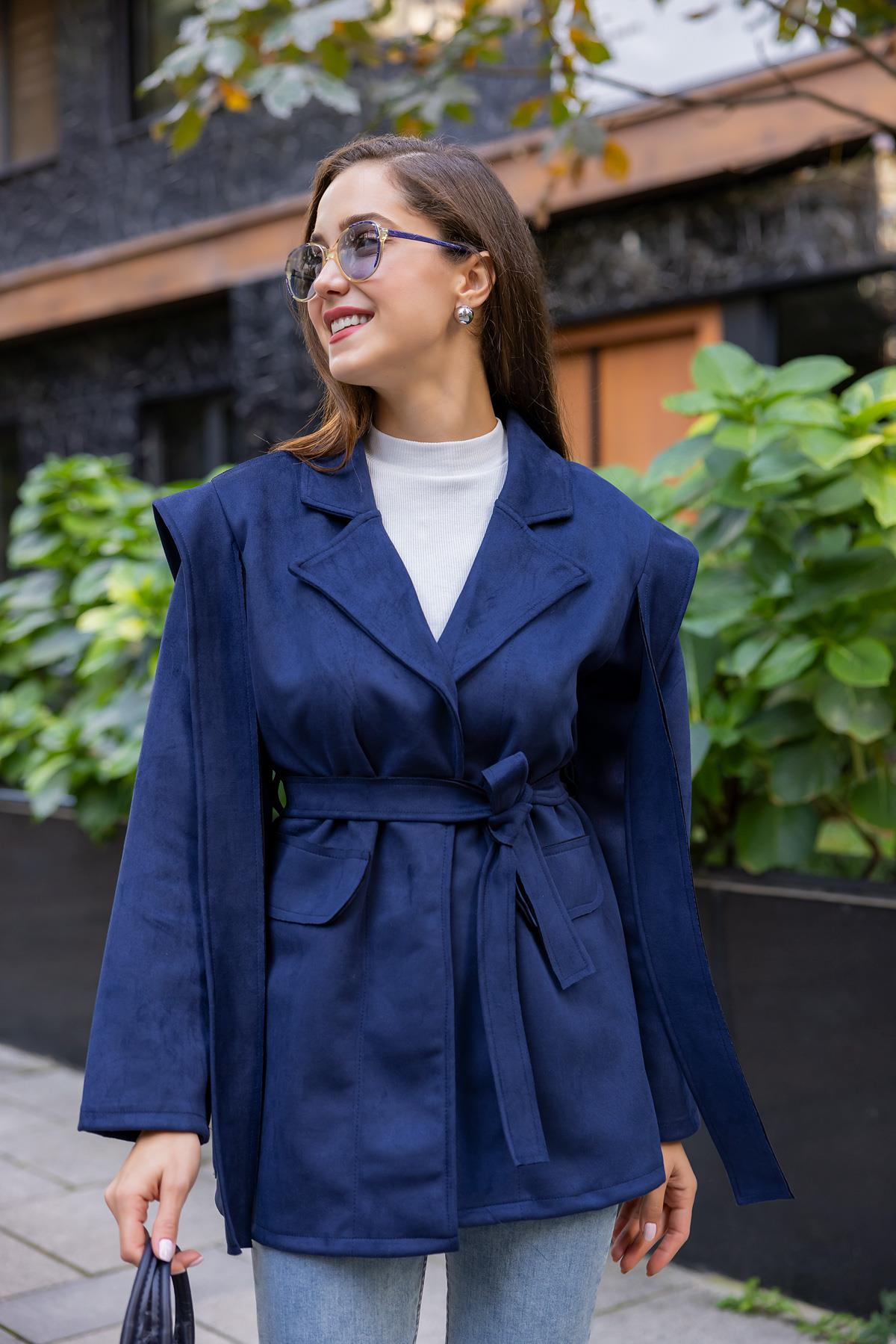 Suede Belted Jacket - NAVY BLUE