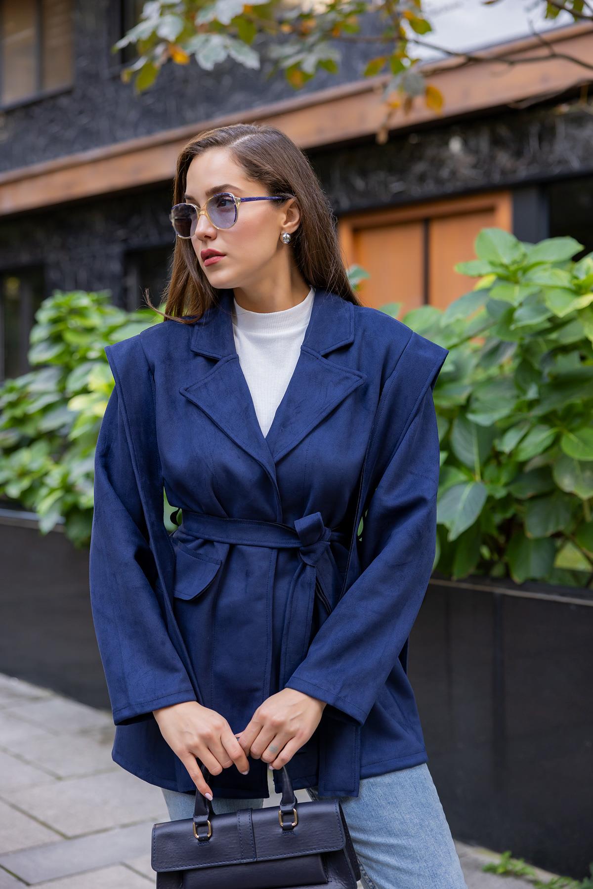 Suede Belted Jacket - NAVY BLUE