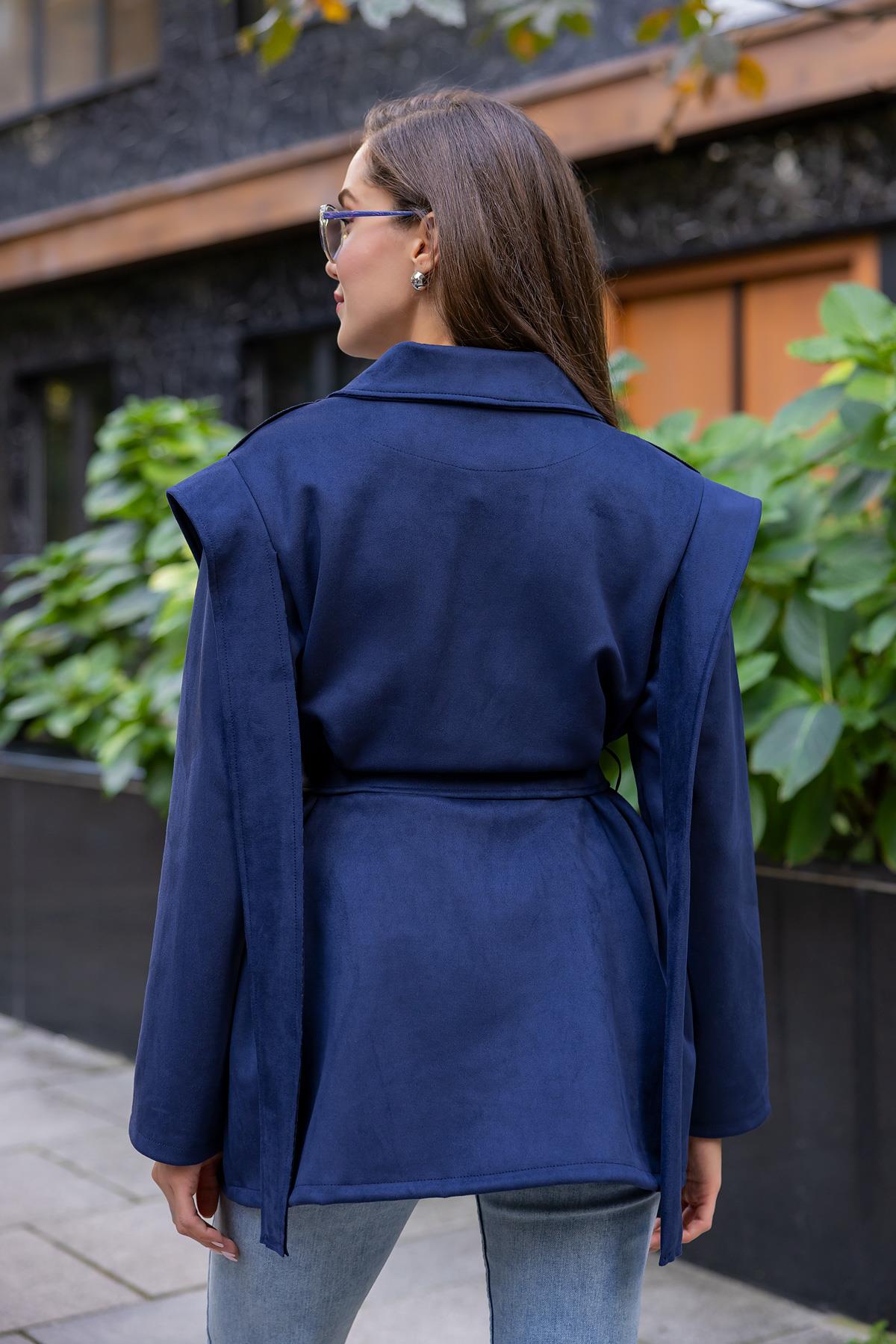 Suede Belted Jacket - NAVY BLUE