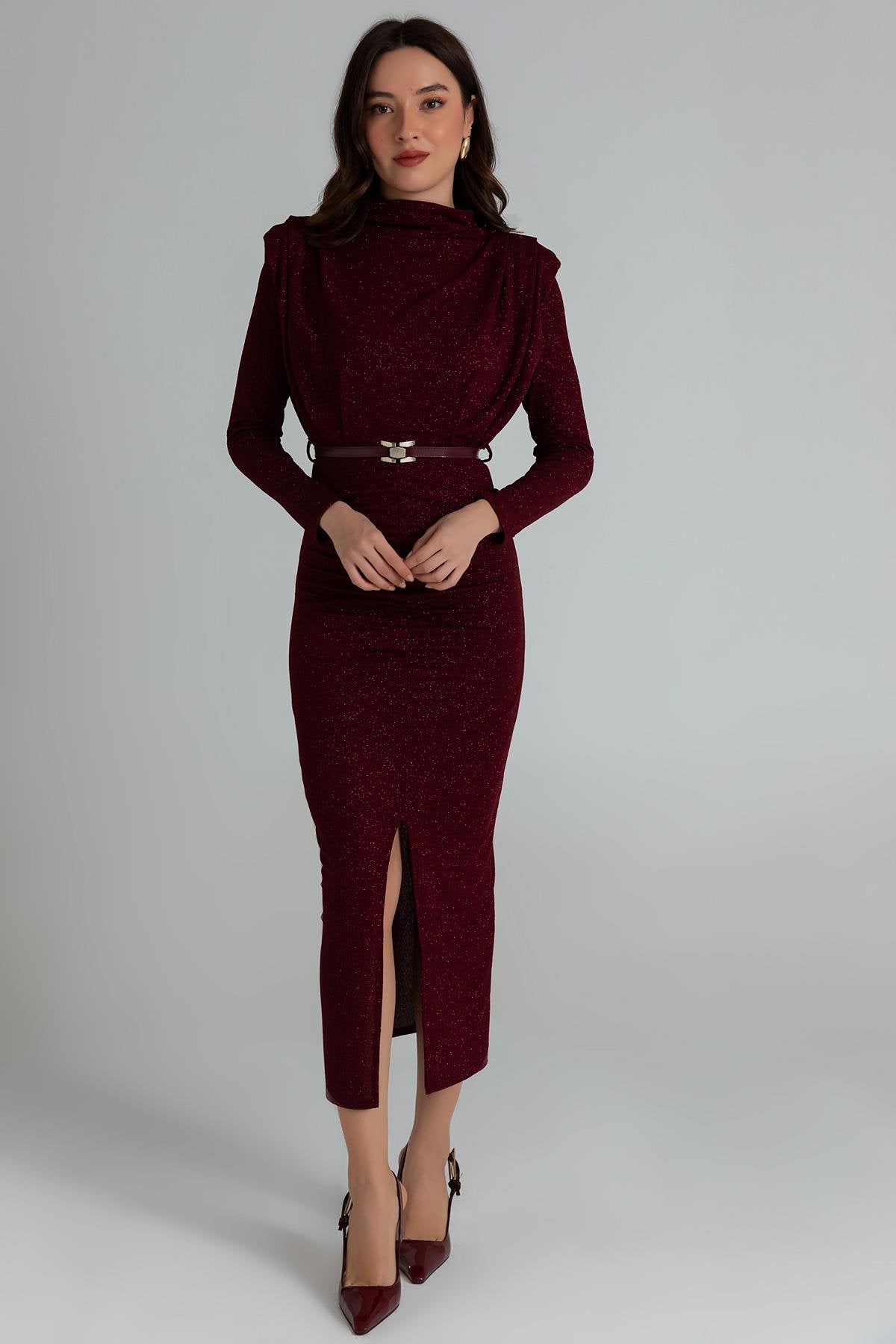 Glitter Long Evening Dress - CLARET RED