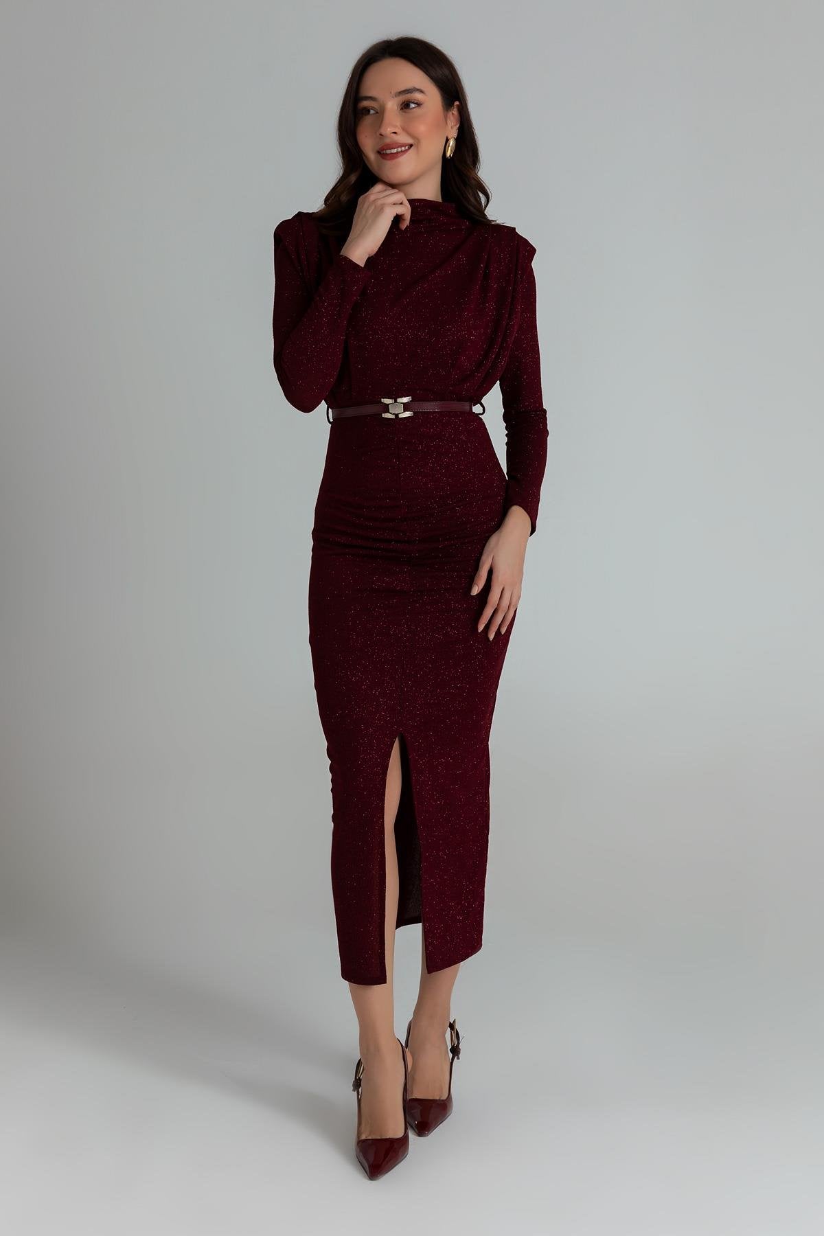 Glitter Long Evening Dress - CLARET RED