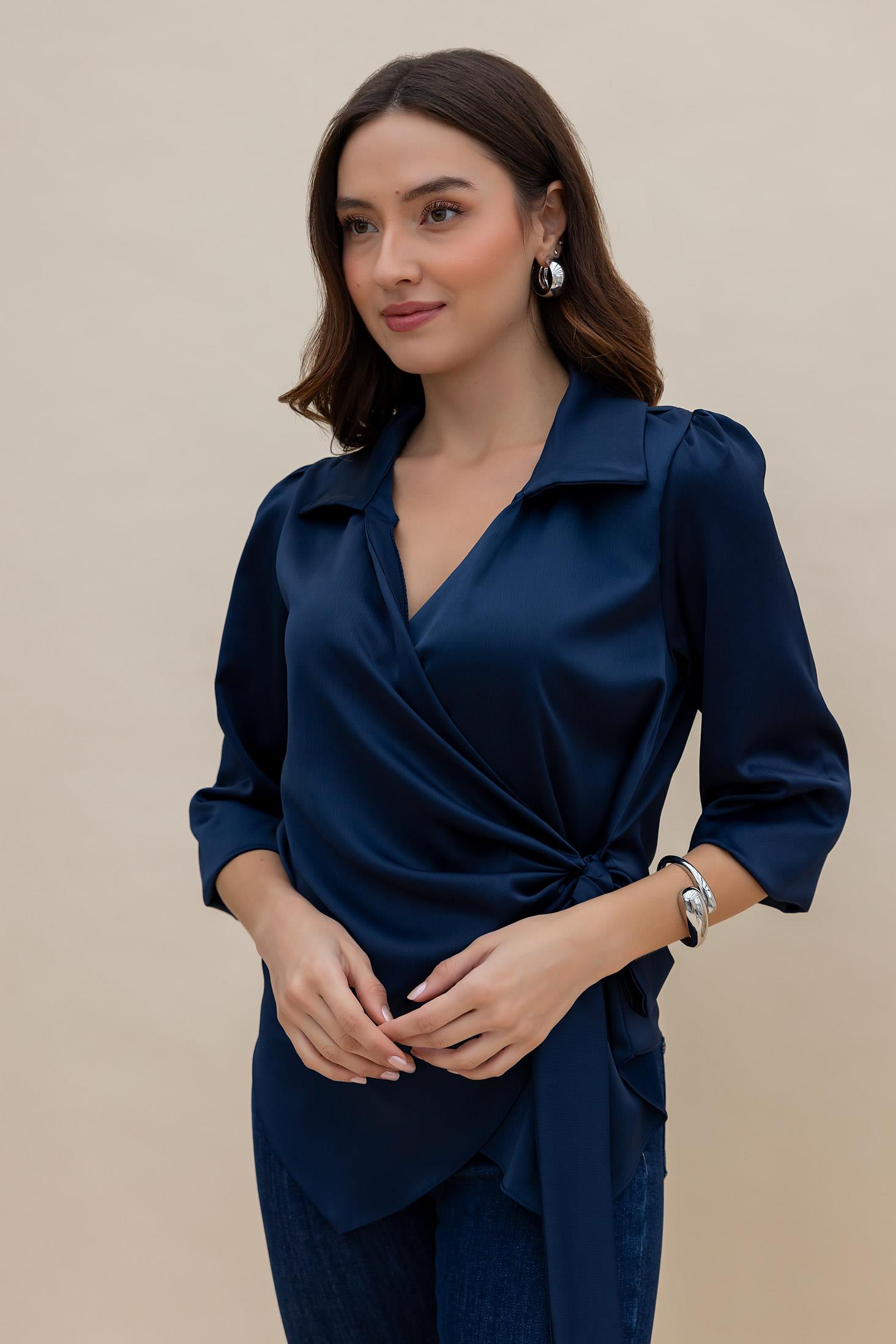 Satin Tied Blouse - NAVY BLUE