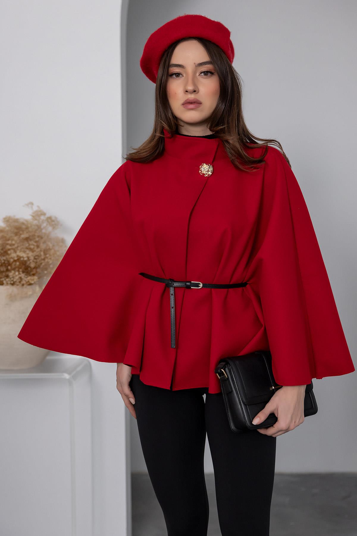 Belt Detail Poncho - CLARET RED