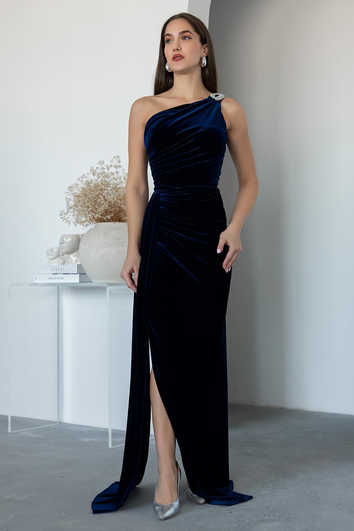 Shoulder Stone Long Velvet Evening Dress - NAVY BLUE