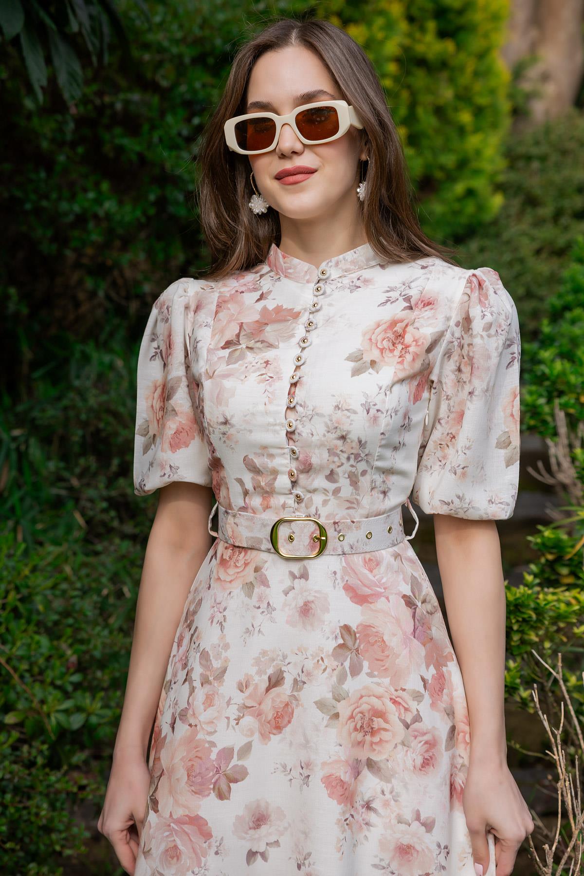 Flower Pattern Belted Dress - CREAM