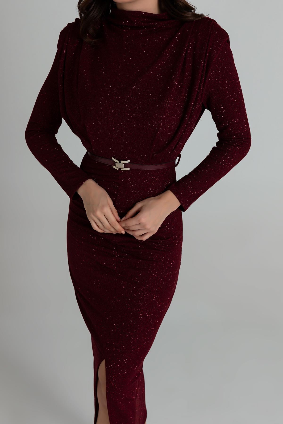 Glitter Long Evening Dress - CLARET RED