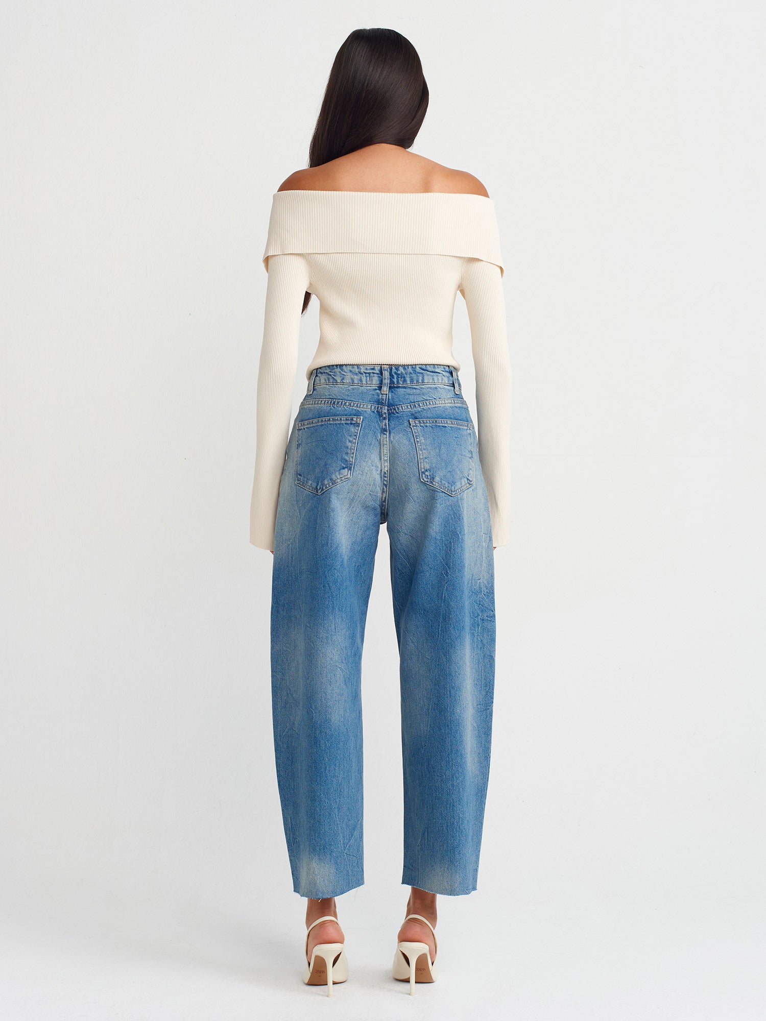 Denim Trousers with Seamless Darts at Leg End-Blue