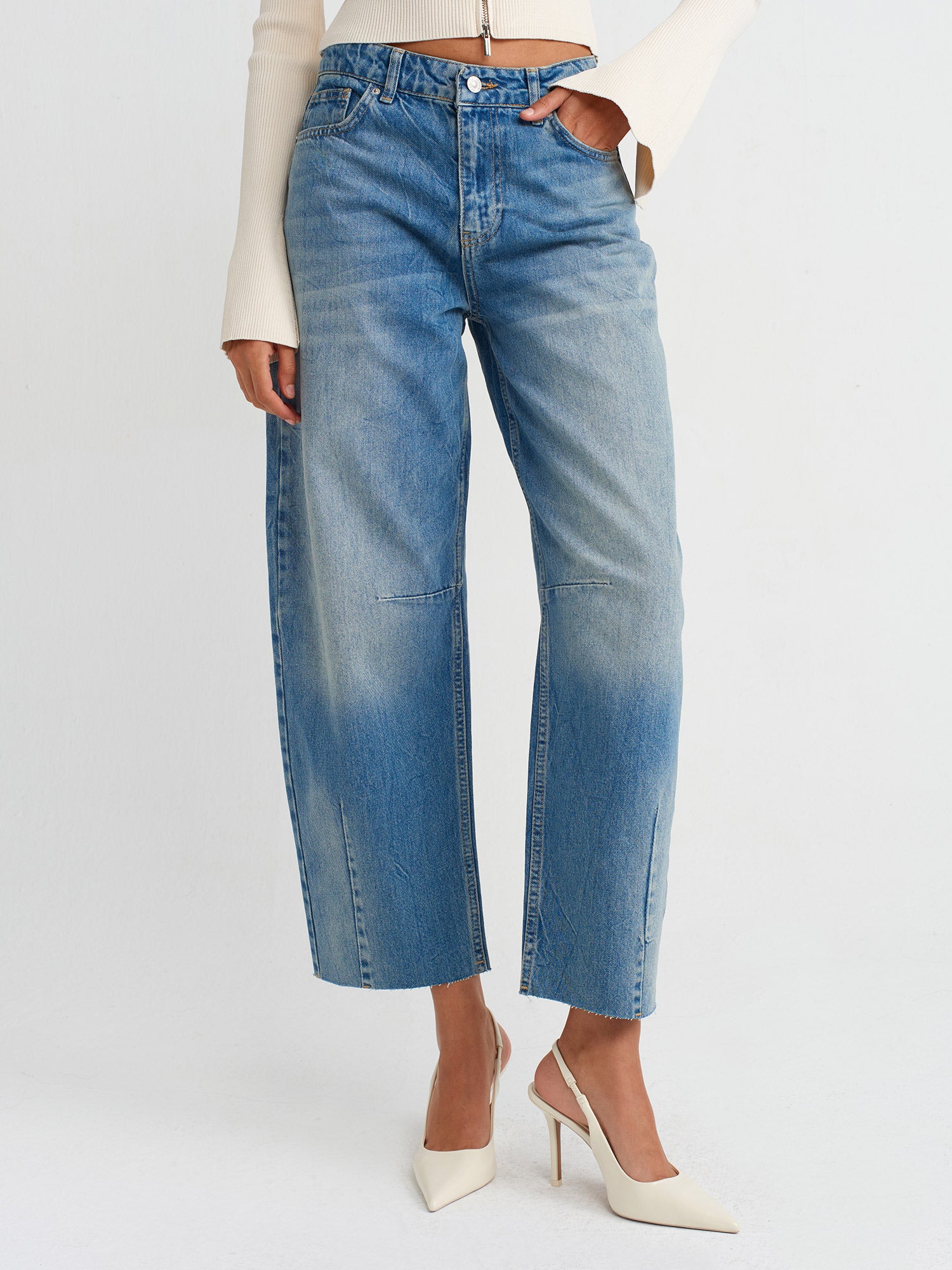 Denim Trousers with Seamless Darts at Leg End-Blue