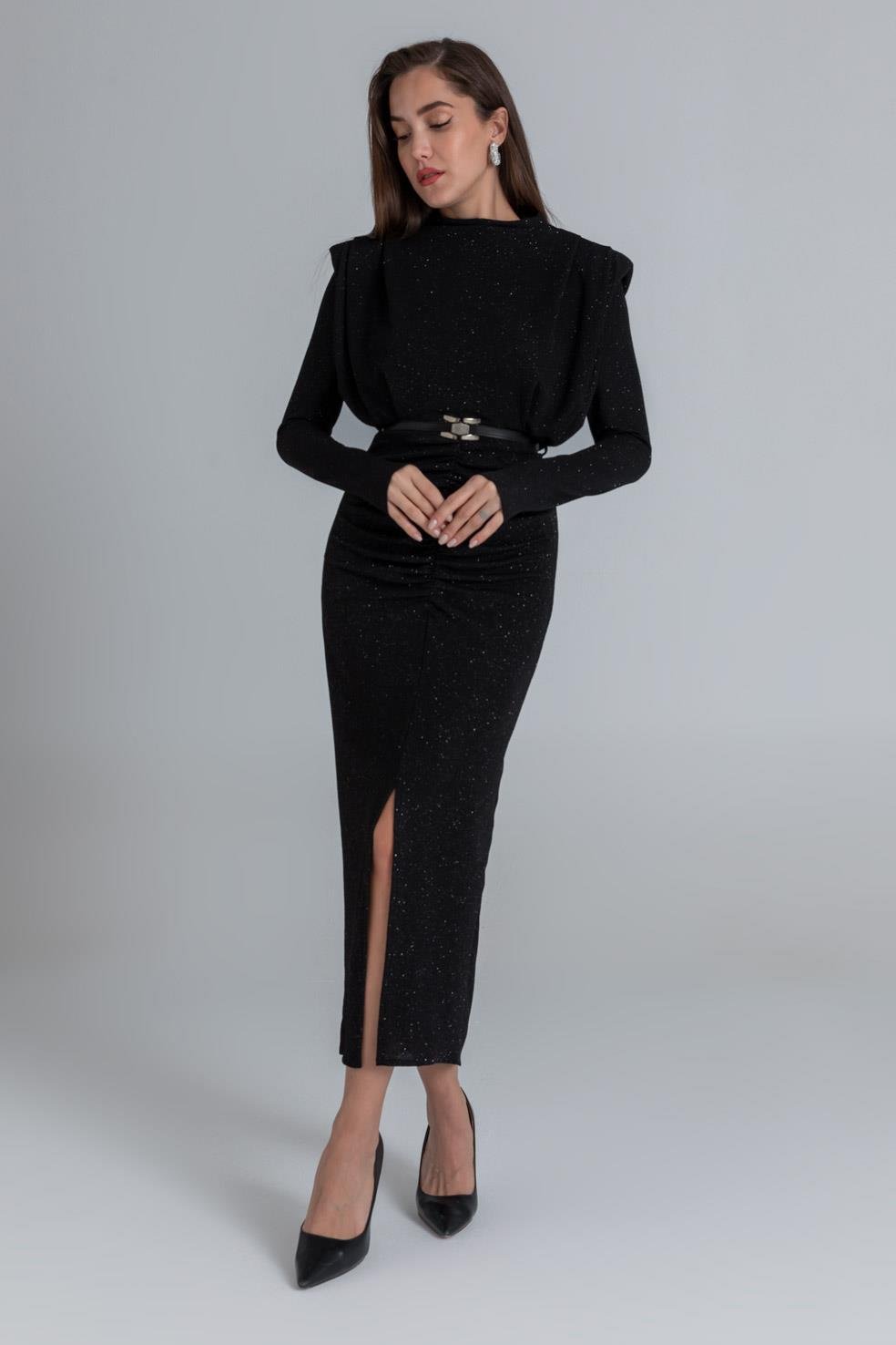 Glitter Long Evening Dress - BLACK