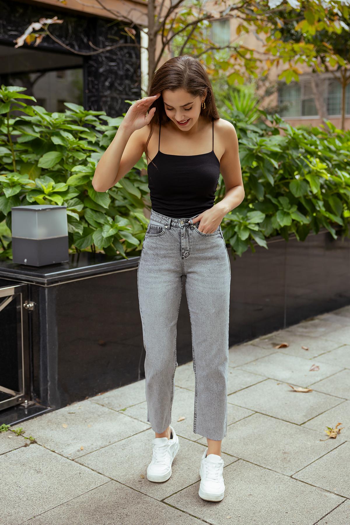 Denim Trousers with Cut Legs - GRAY