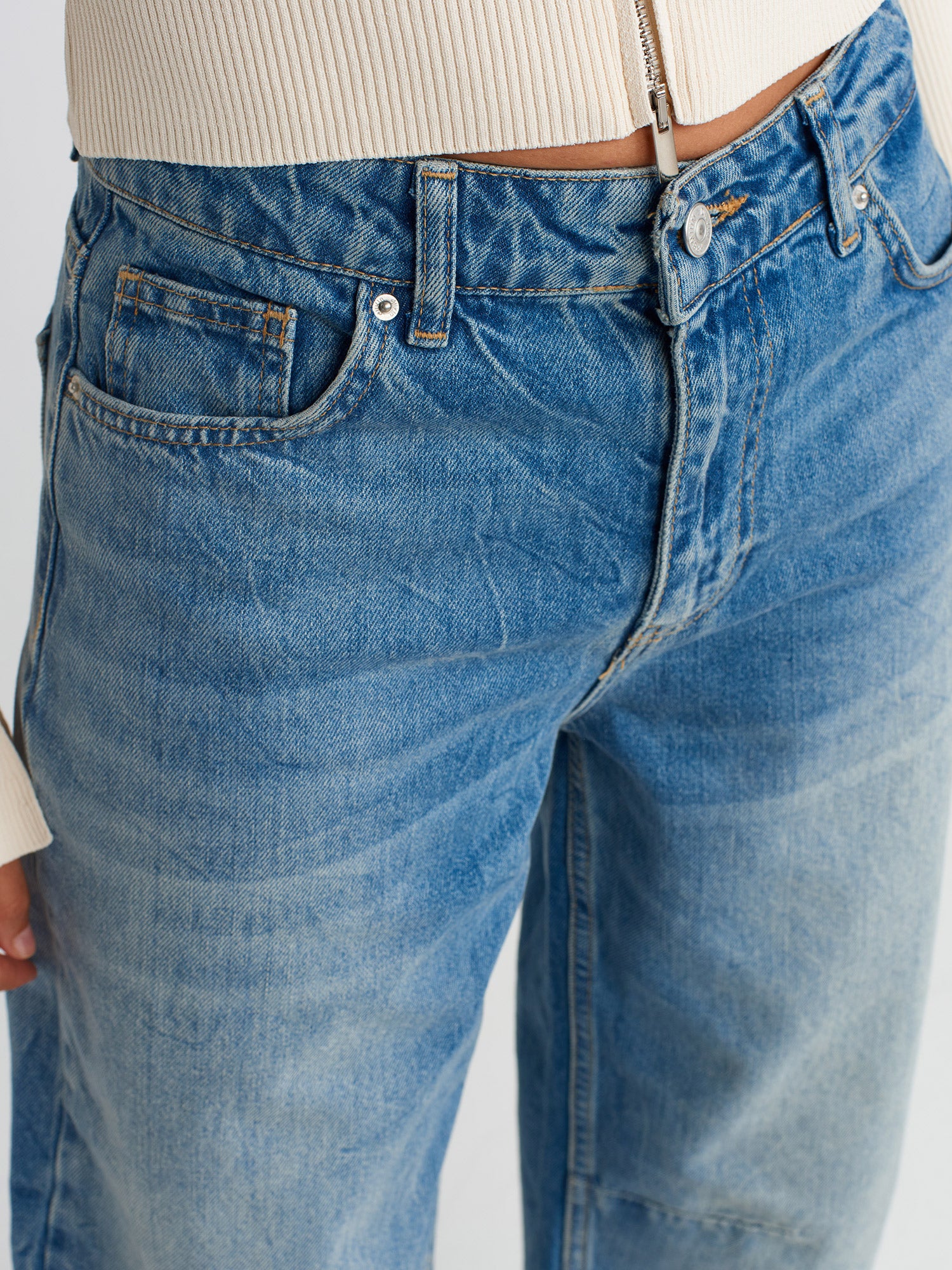 Denim Trousers with Seamless Darts at Leg End-Blue