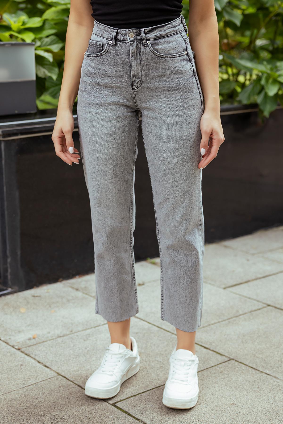 Denim Trousers with Cut Legs - GRAY