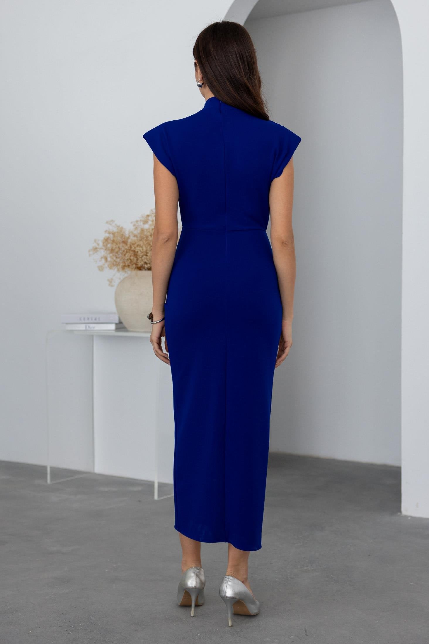 Neck Stone Wrap Dress - DARK BLUE