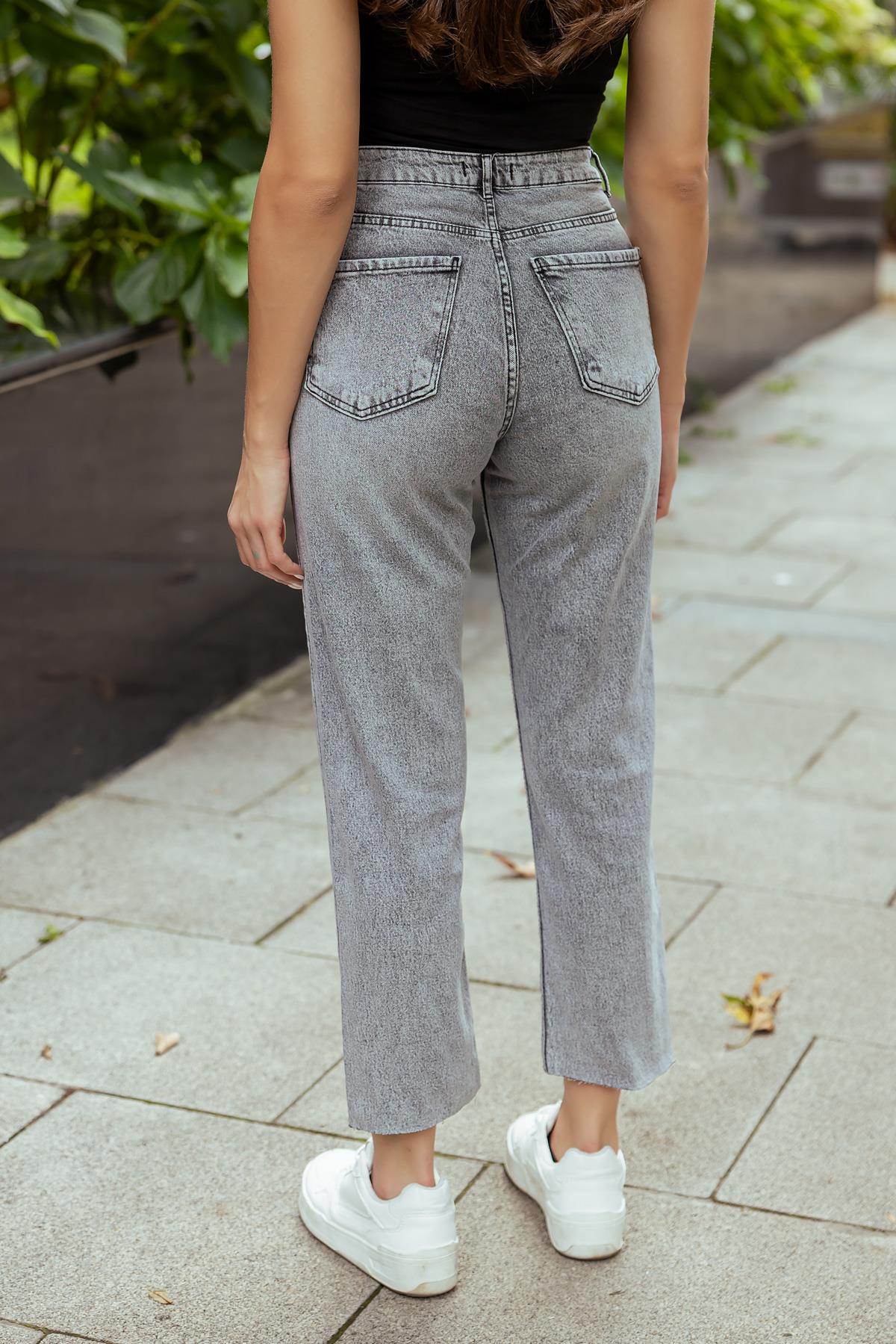 Denim Trousers with Cut Legs - GRAY