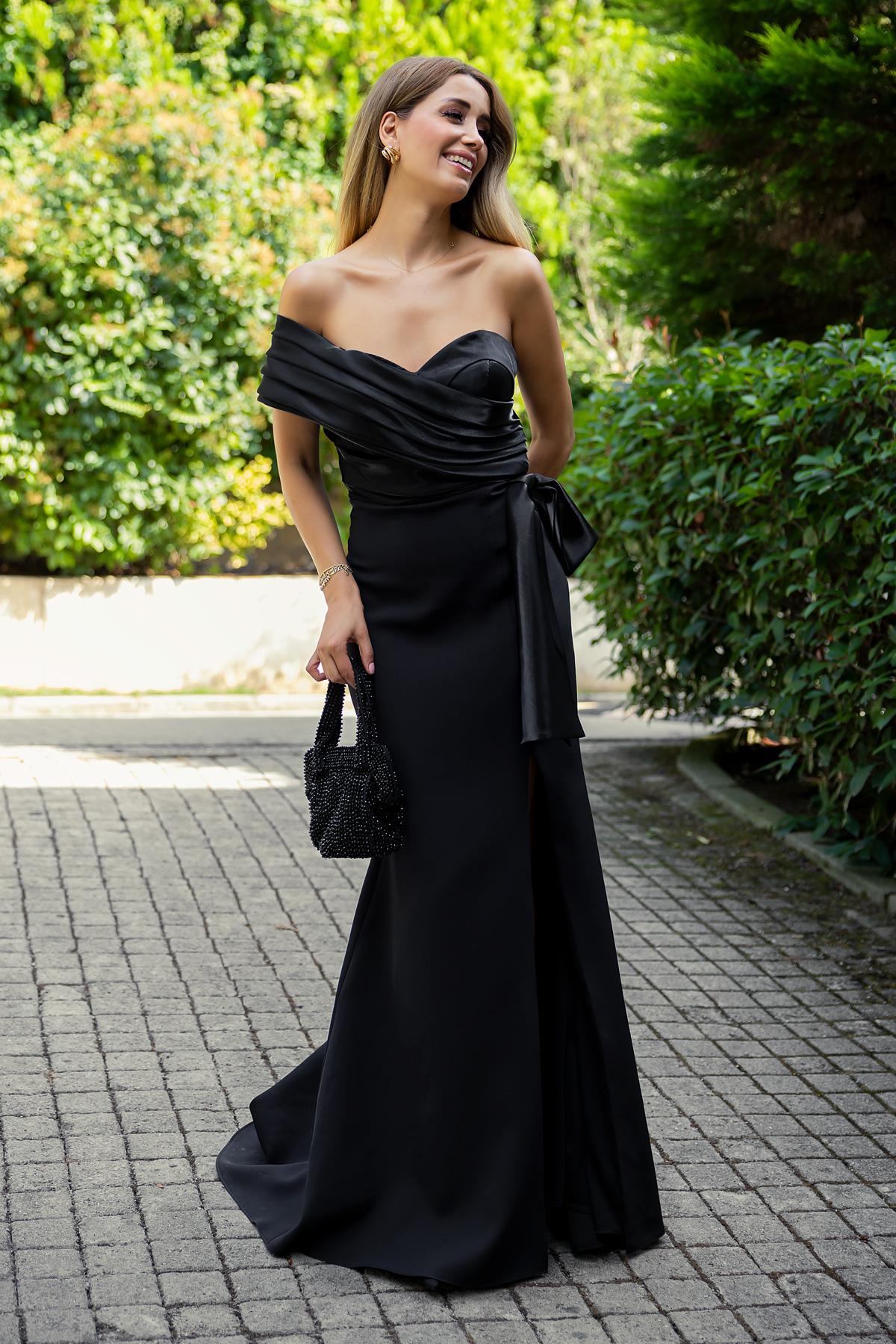 Organza Detail Evening Dress - BLACK