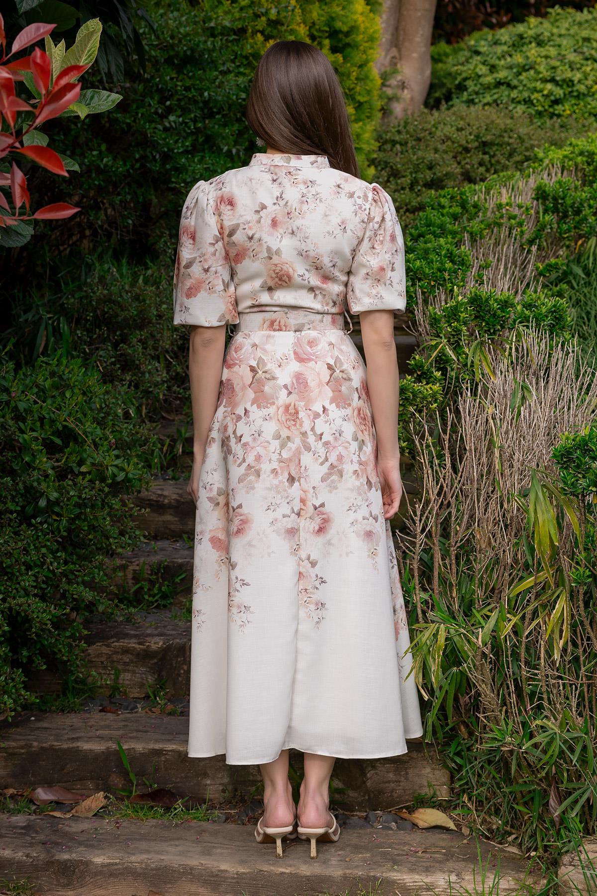 Flower Pattern Belted Dress - CREAM