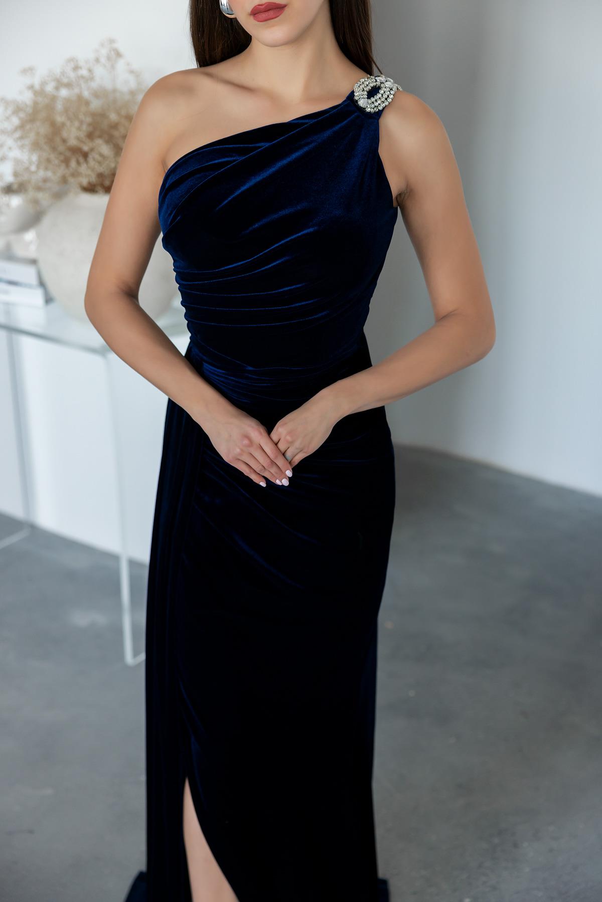 Shoulder Stone Long Velvet Evening Dress - NAVY BLUE