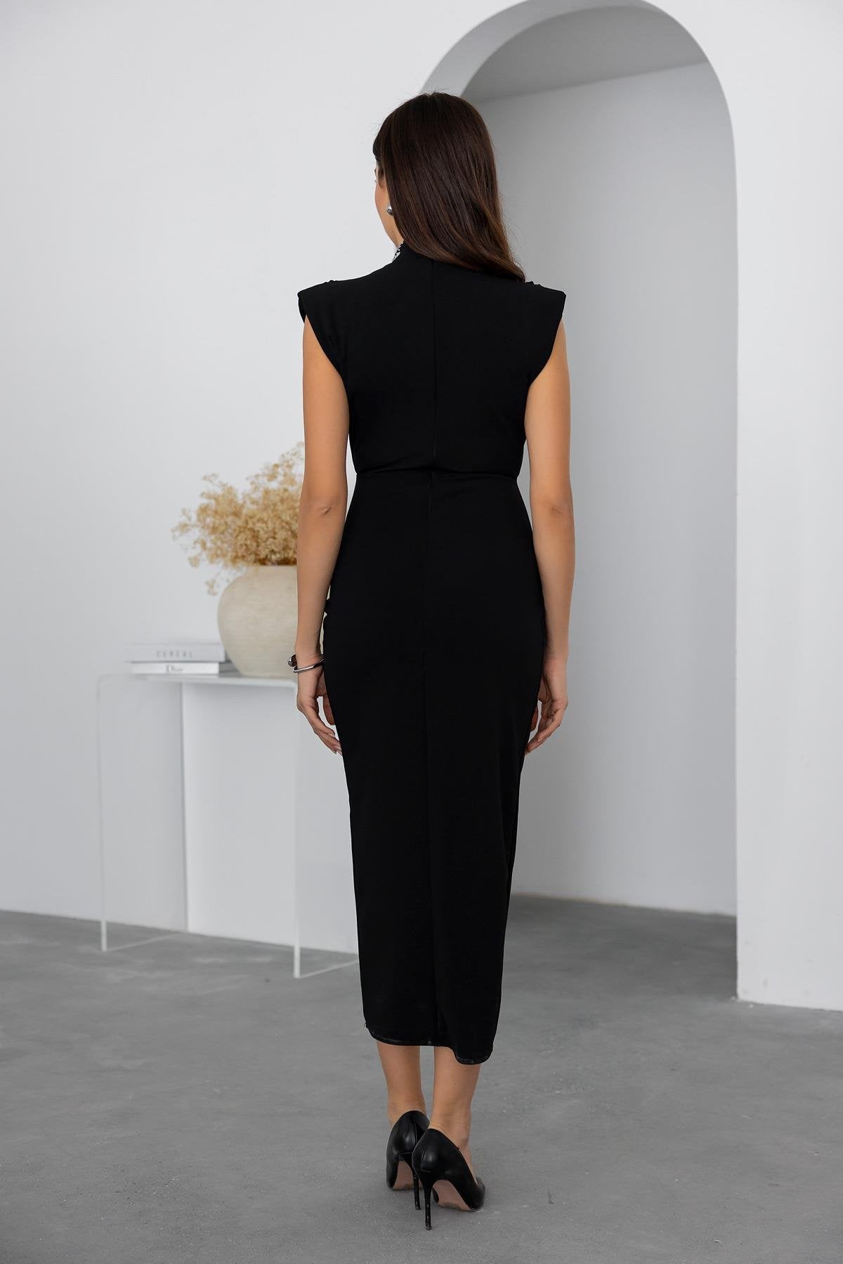 Wrap Dress with Stone Neck - BLACK