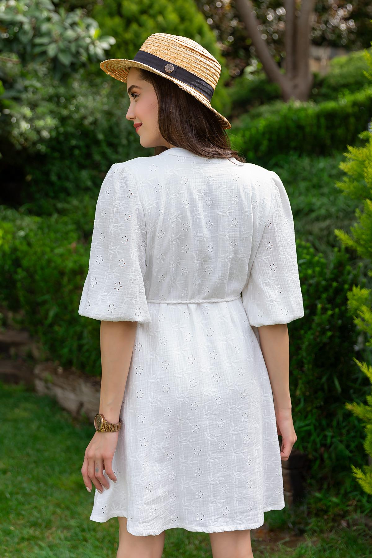 Belted Mini Scallop Dress - WHITE