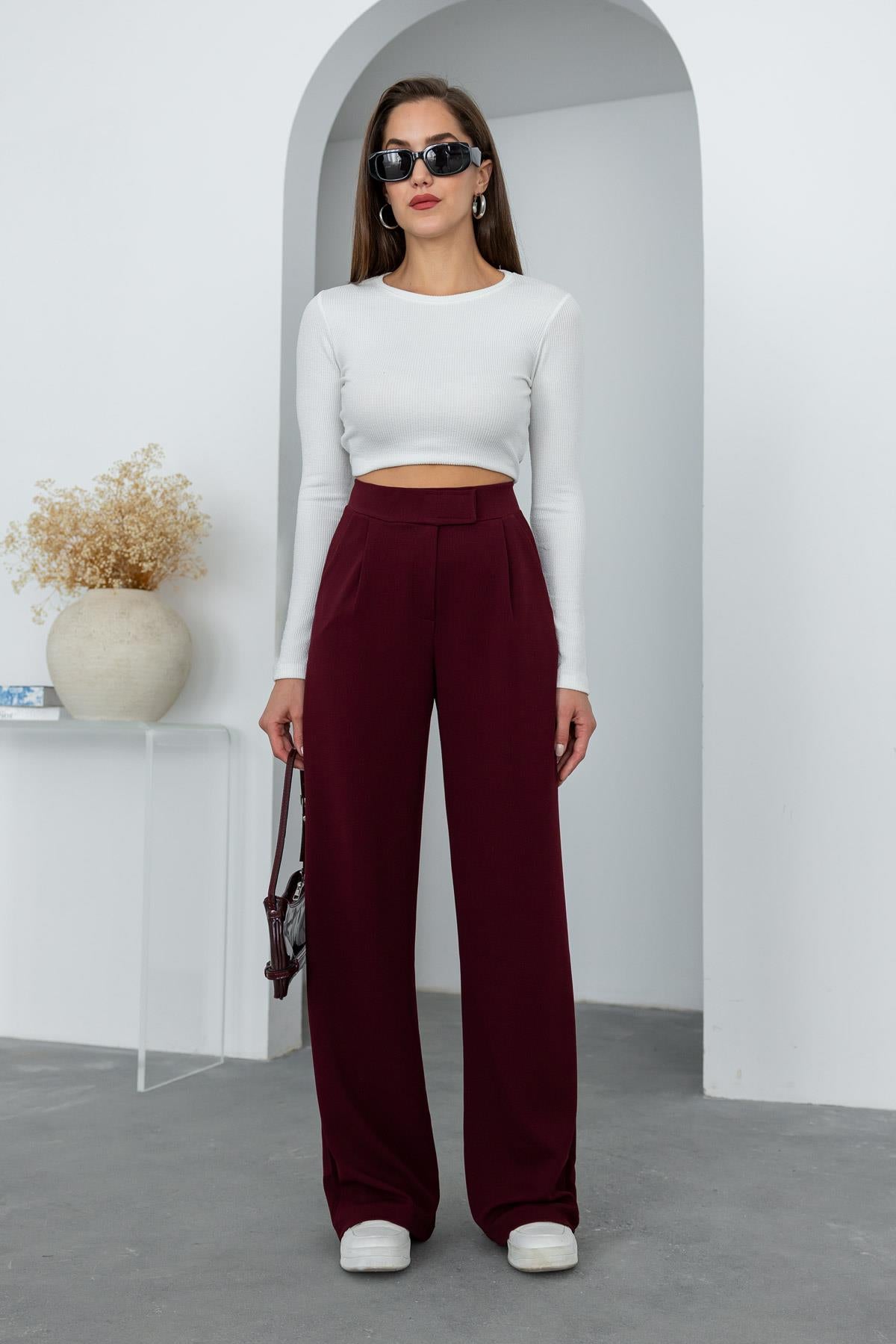 Lycra Palazzo Trousers - DARK RED