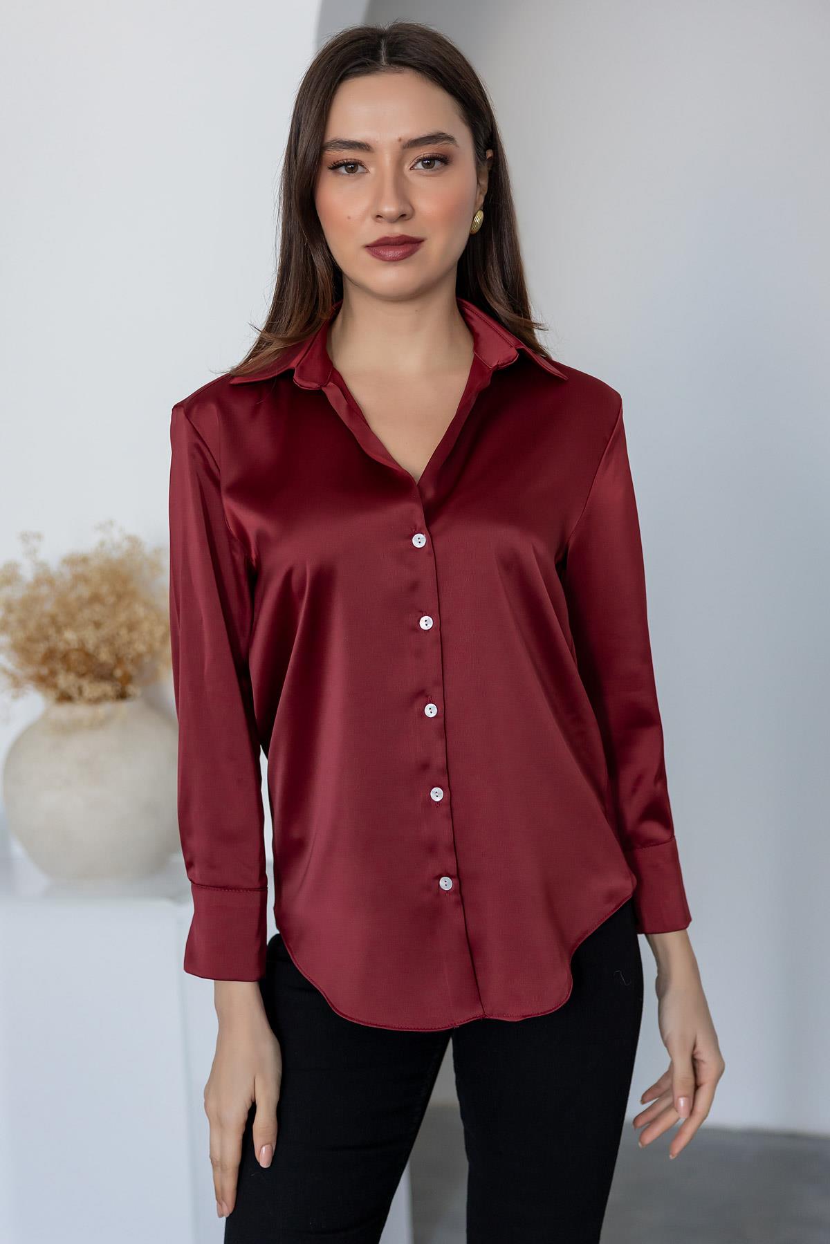 Satin Shirt with Cuffed Sleeves - CLARET RED