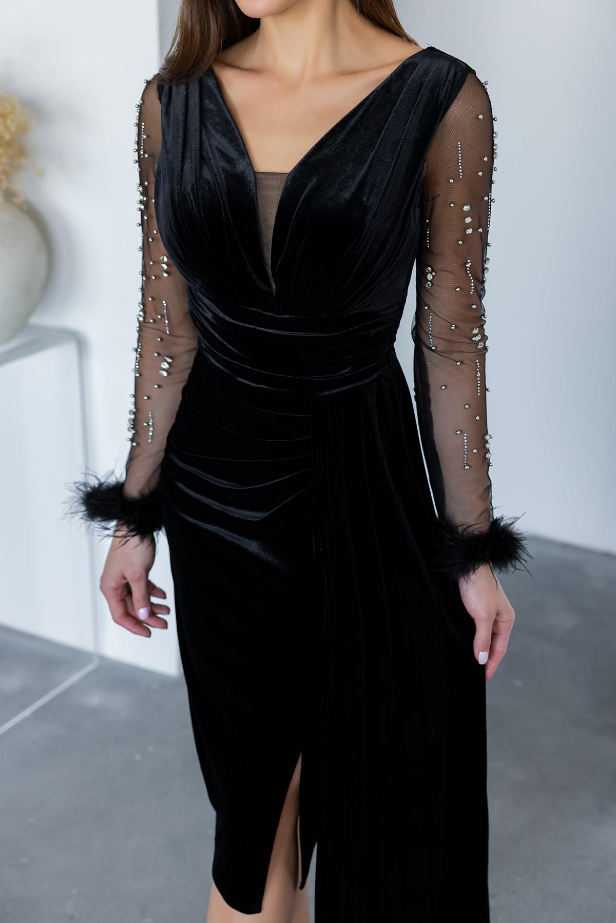 Velvet Evening Dress with Sleeve Feathers  - BLACK