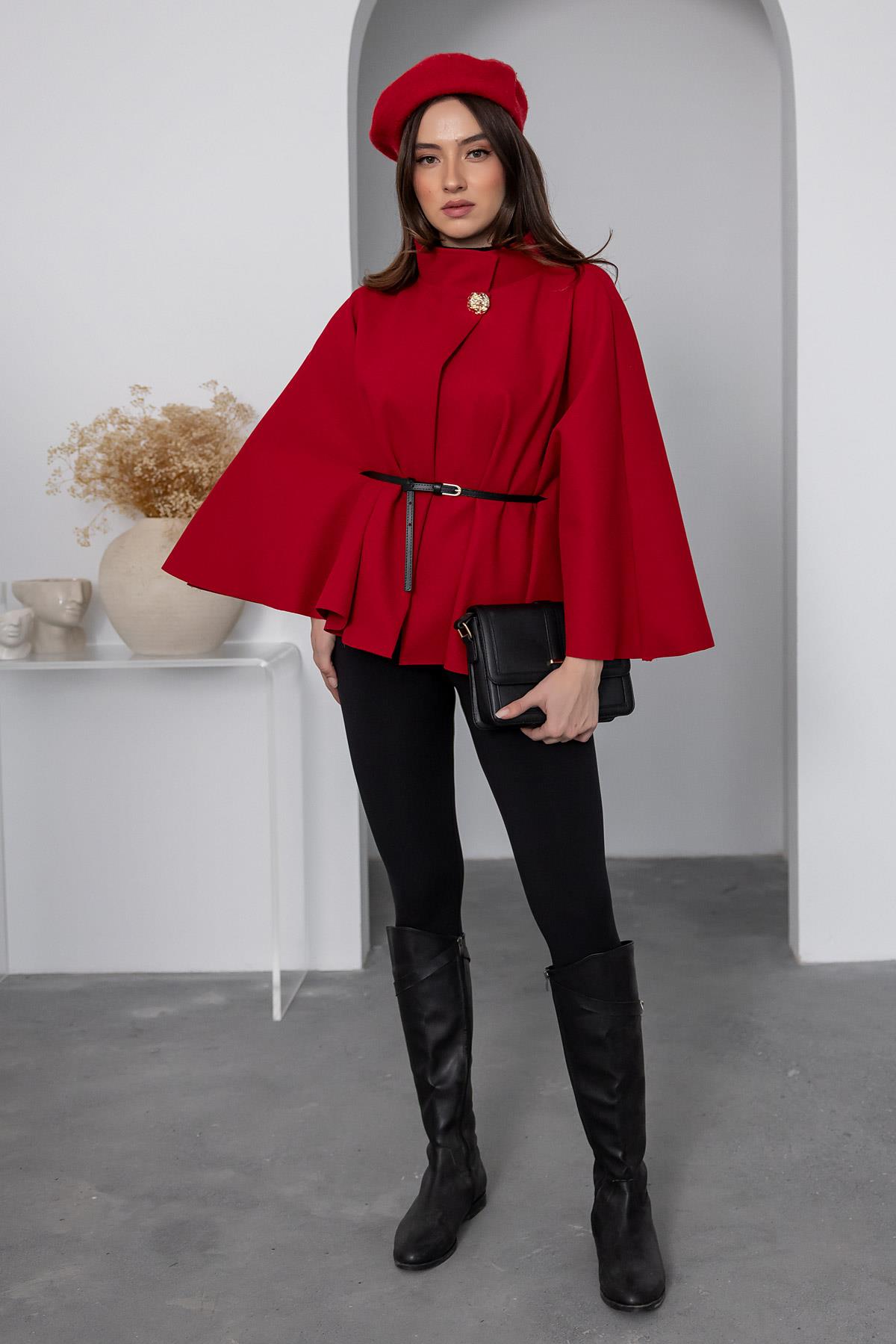 Belt Detail Poncho - CLARET RED