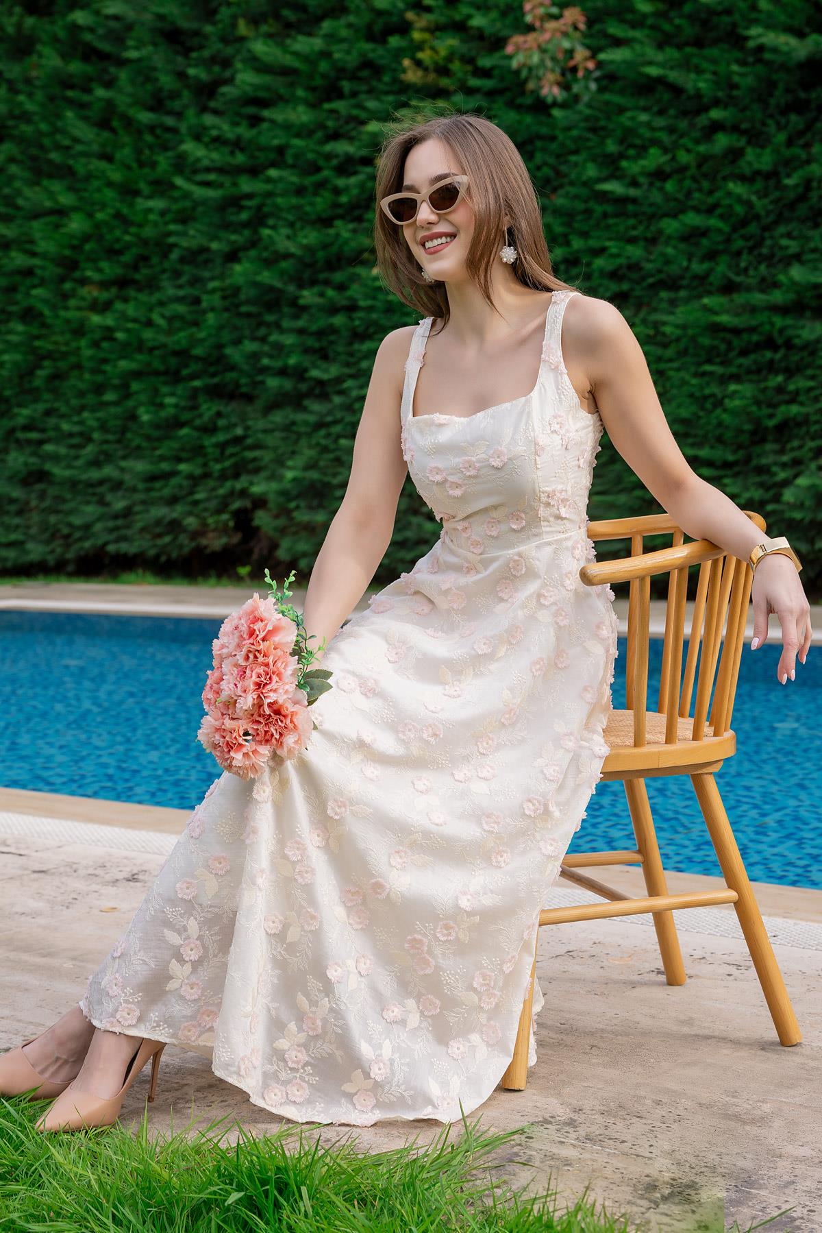 Embossed Floral Pattern Dress - CREAM