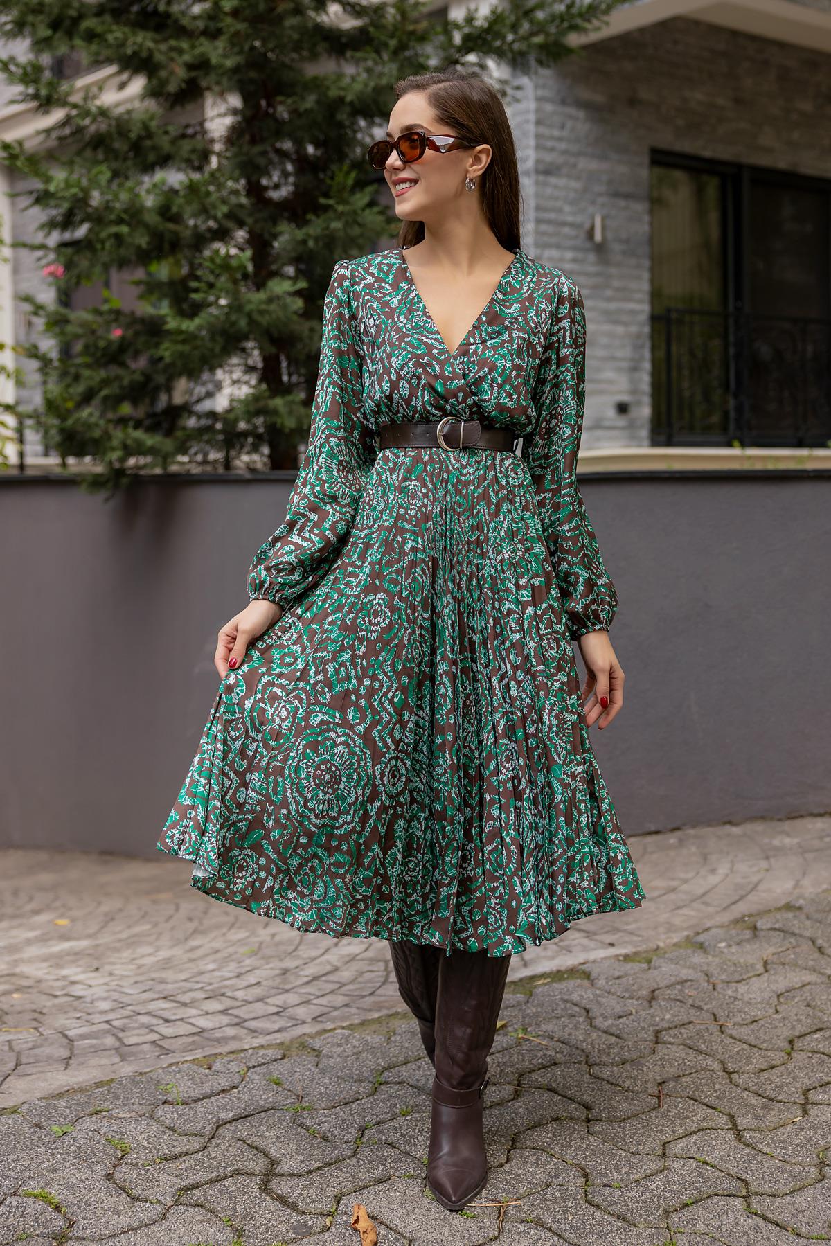 Waist Gathered Midi Dress - GREEN