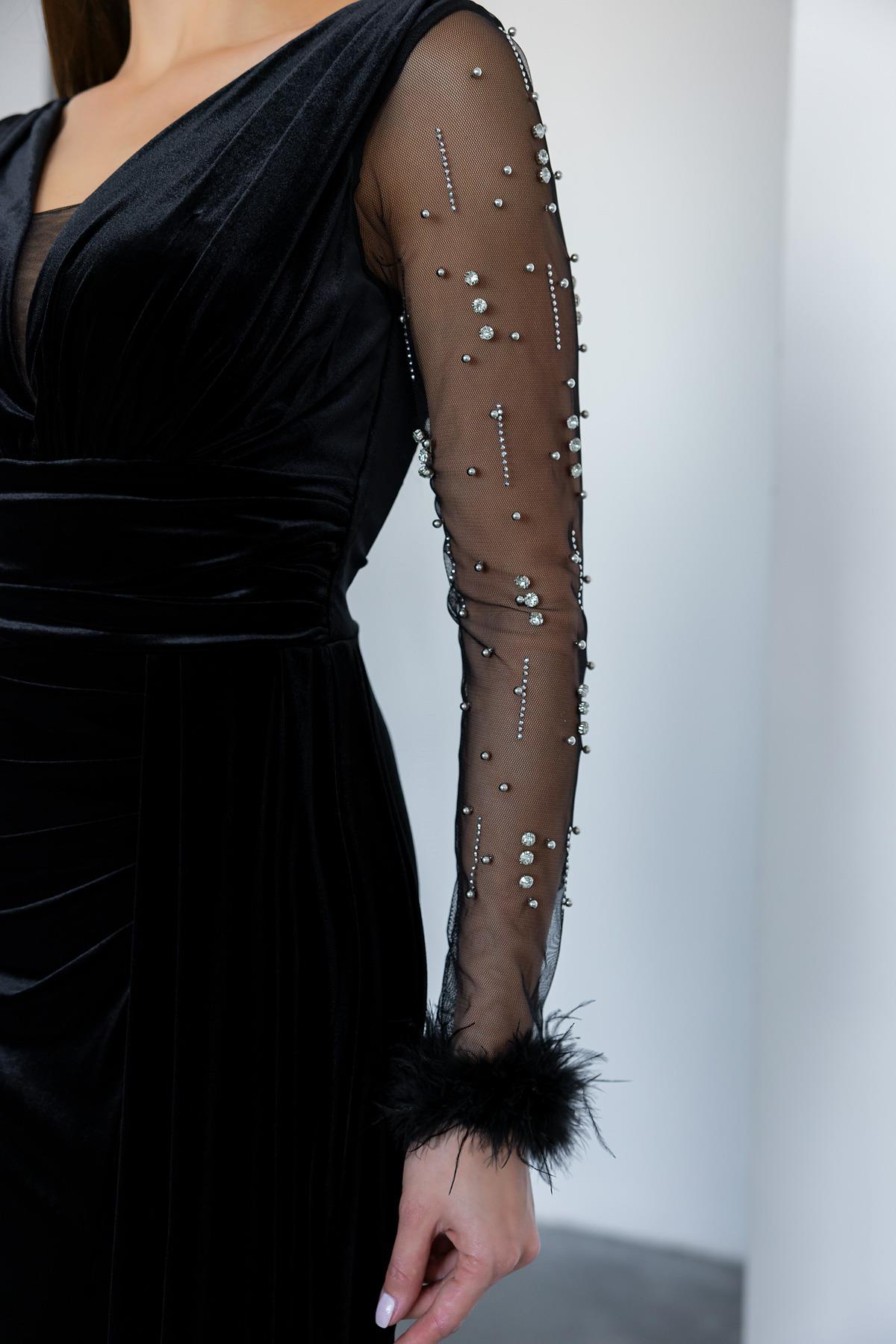 Velvet Evening Dress with Sleeve Feathers  - BLACK