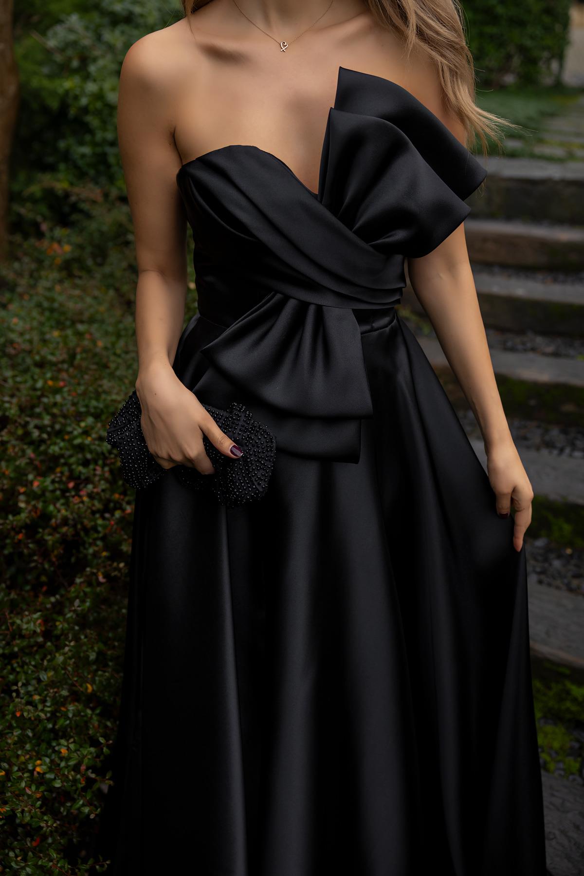 Strapless Bow Design Evening Dress - BLACK