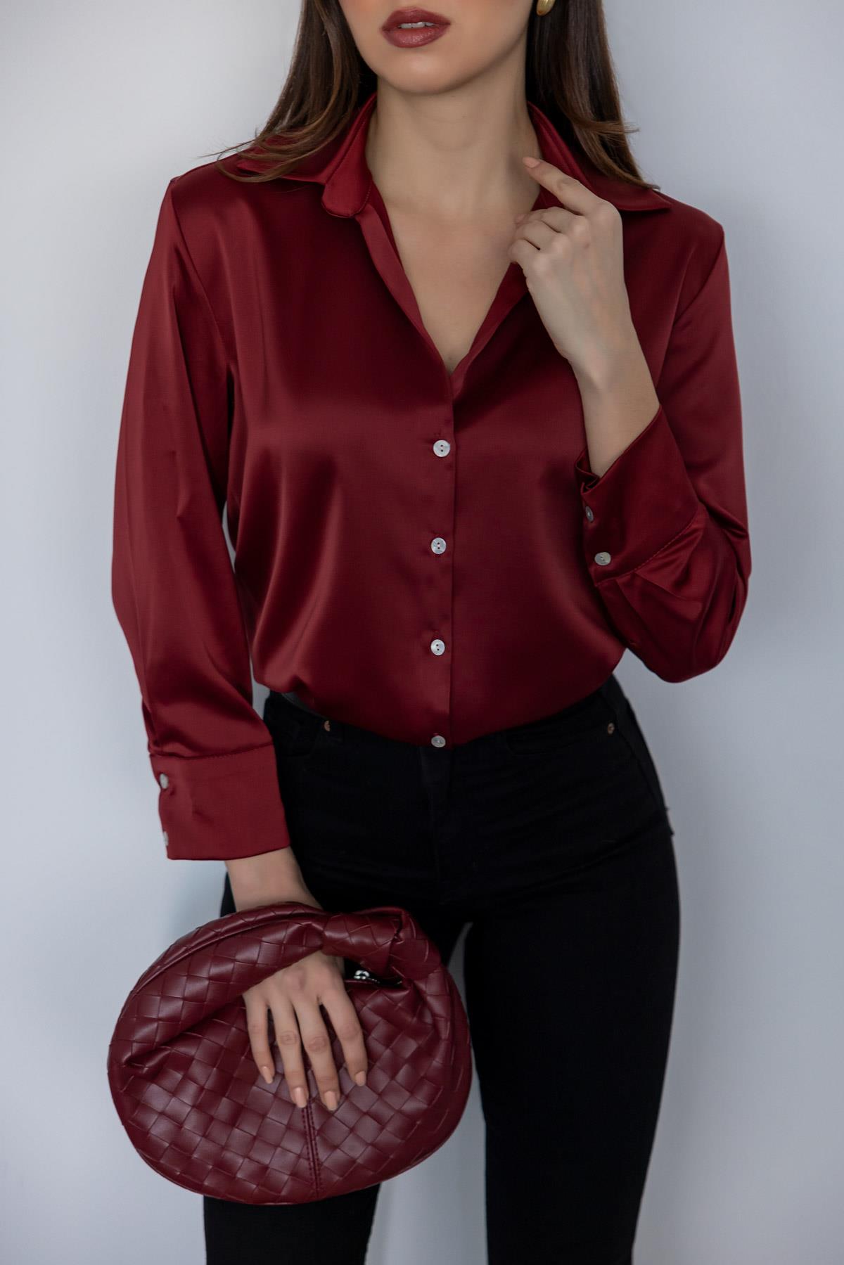 Satin Shirt with Cuffed Sleeves - CLARET RED