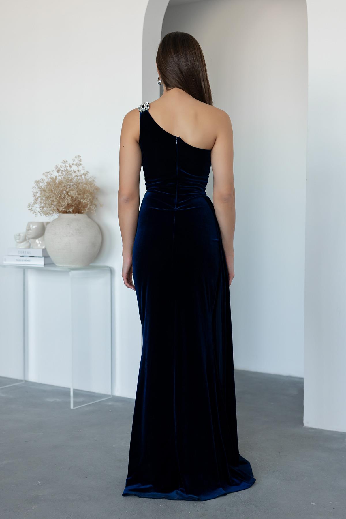 Shoulder Stone Long Velvet Evening Dress - NAVY BLUE