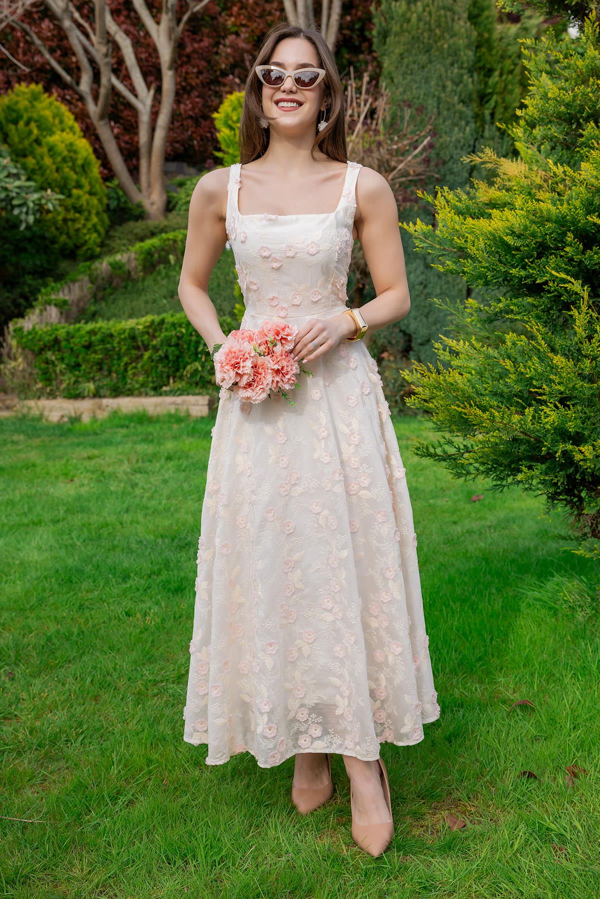 Embossed Floral Pattern Dress - CREAM