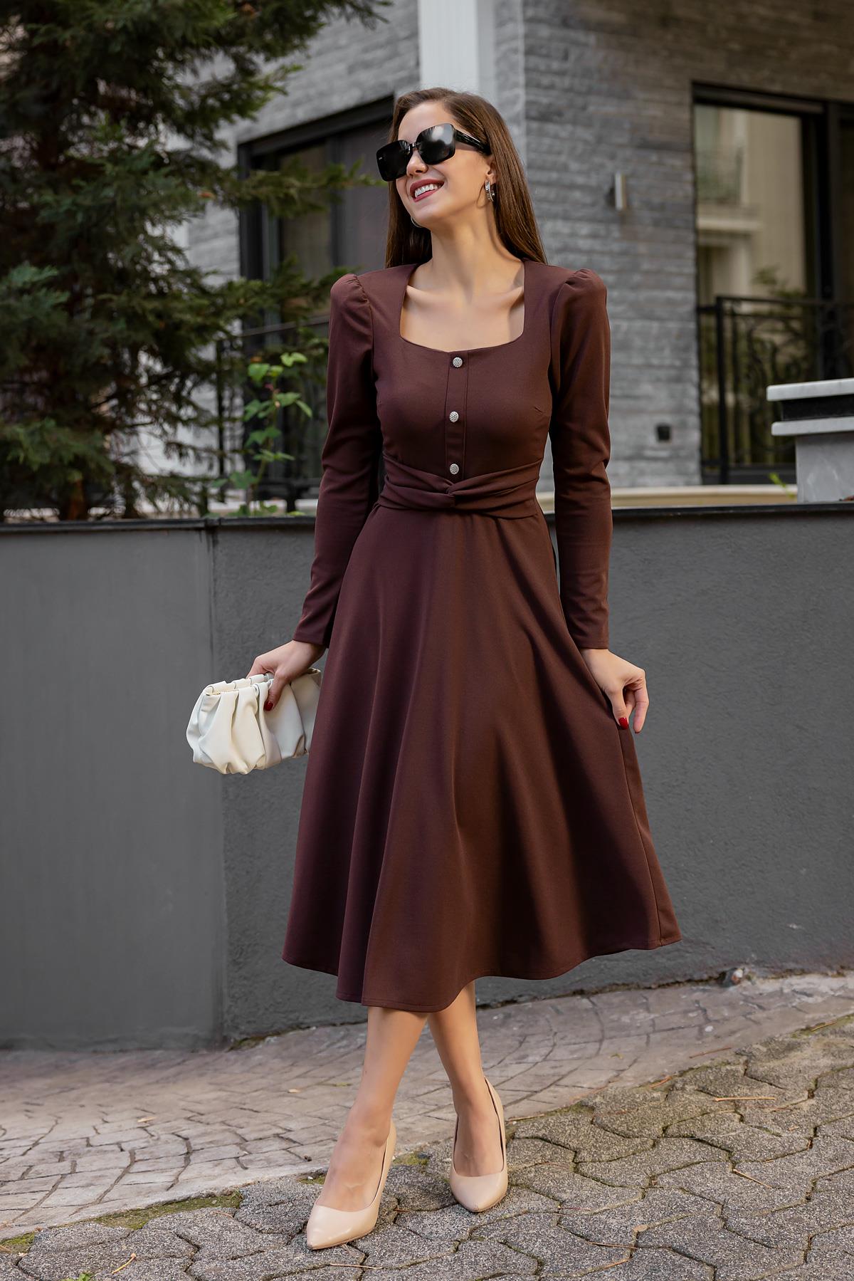 Button Detail Midi Dress - BROWN