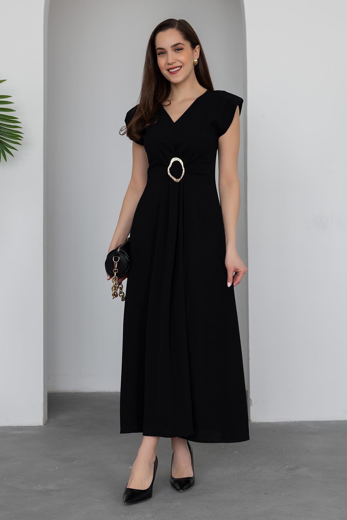 V Neck Slit Dress - BLACK