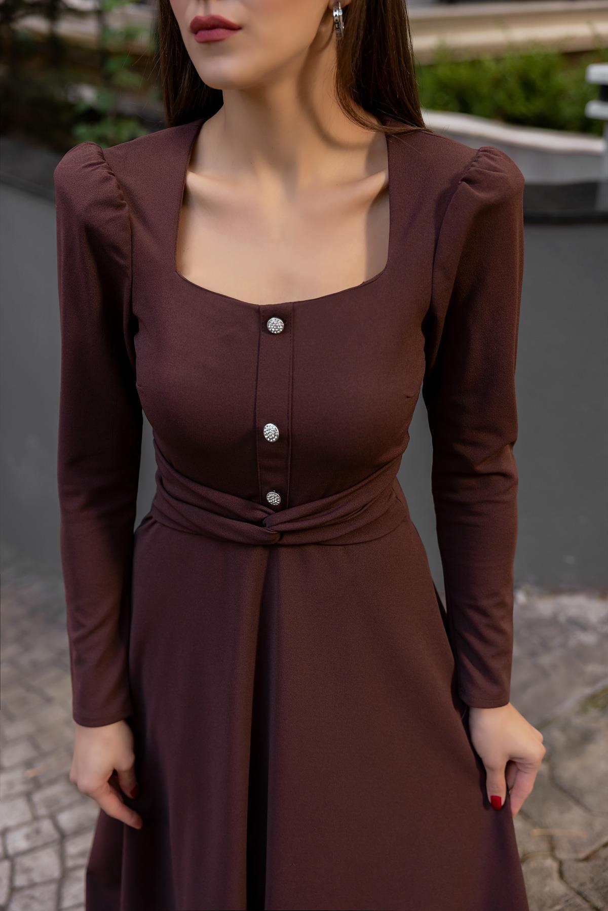 Button Detail Midi Dress - BROWN