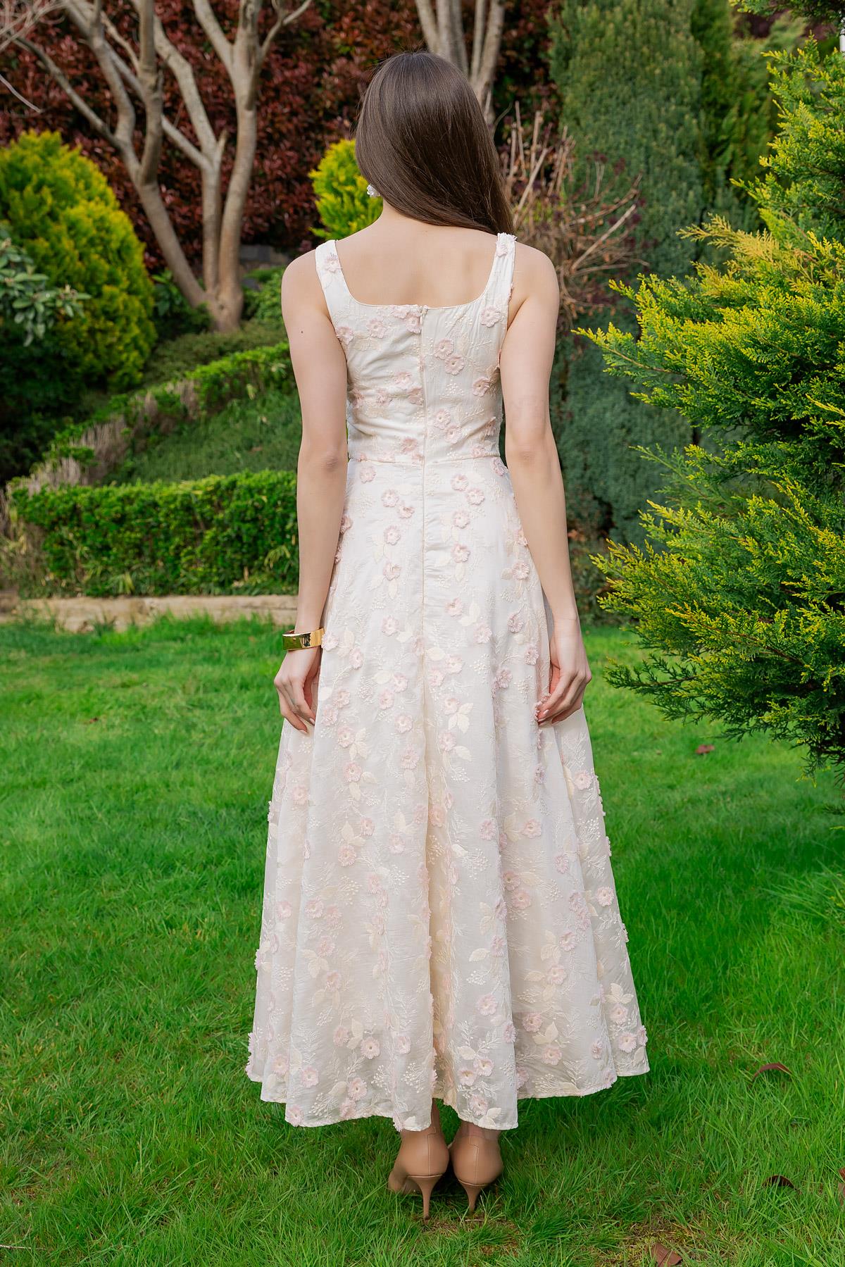 Embossed Floral Pattern Dress - CREAM