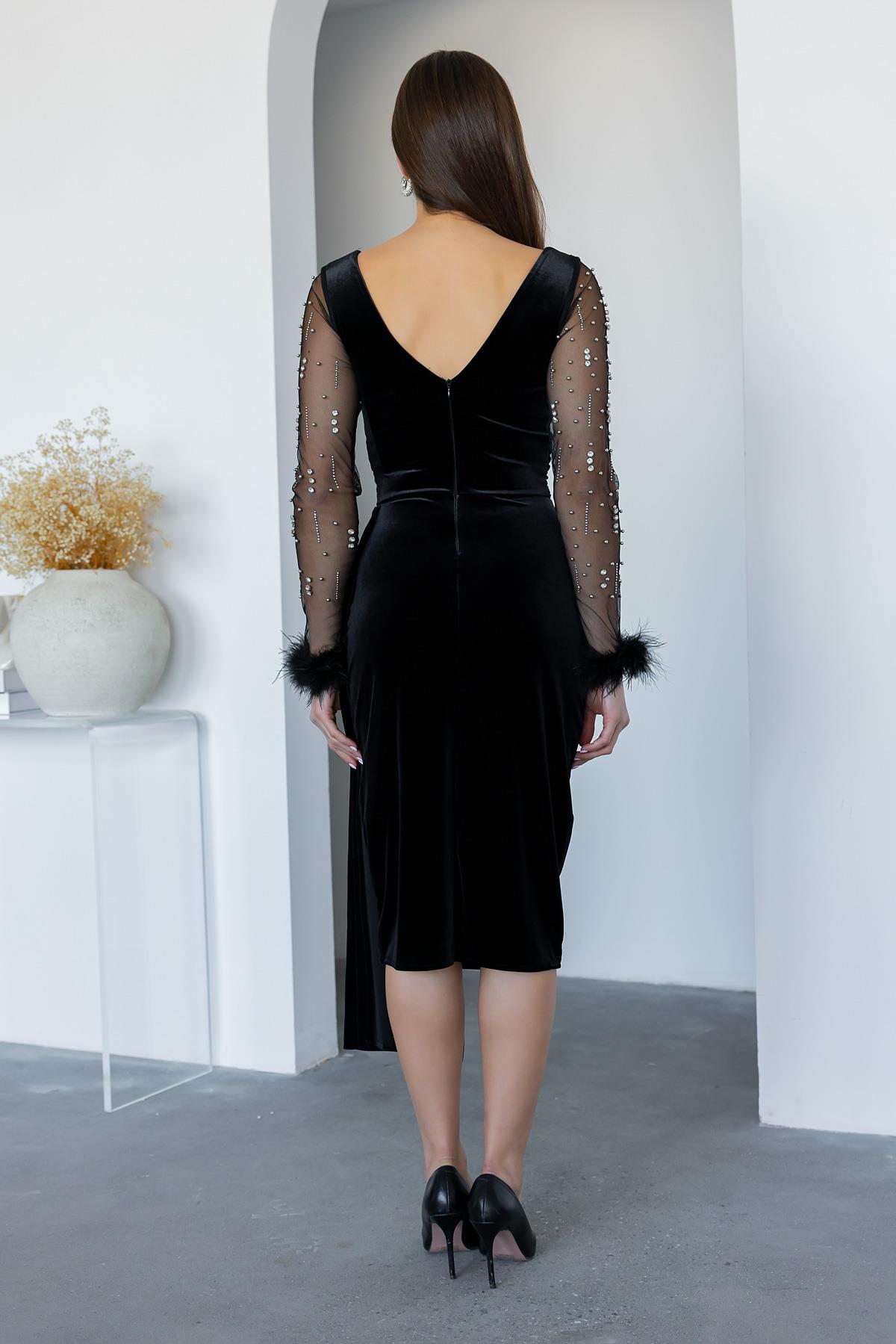 Velvet Evening Dress with Sleeve Feathers  - BLACK