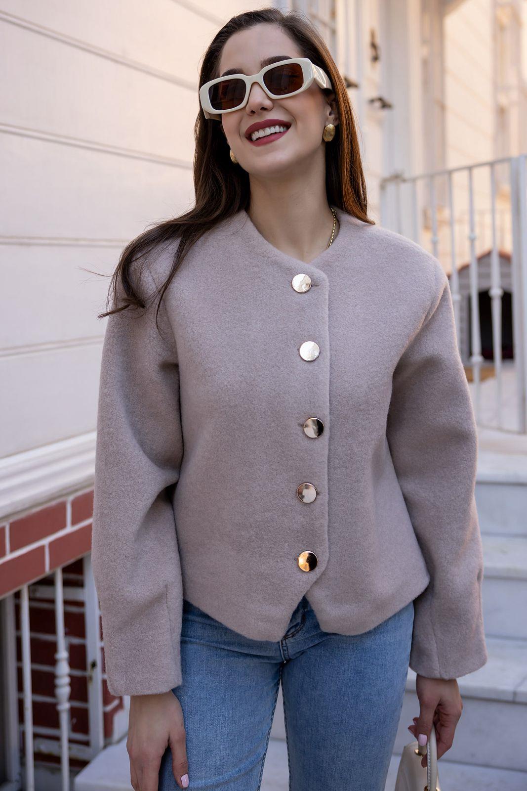 Gold Buttoned Cashmere Jacket - STONE