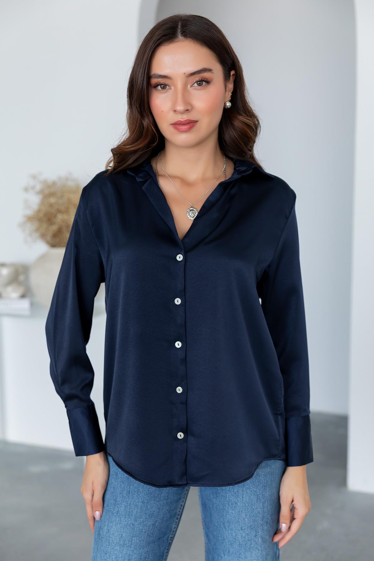 Satin Shirt - NAVY BLUE