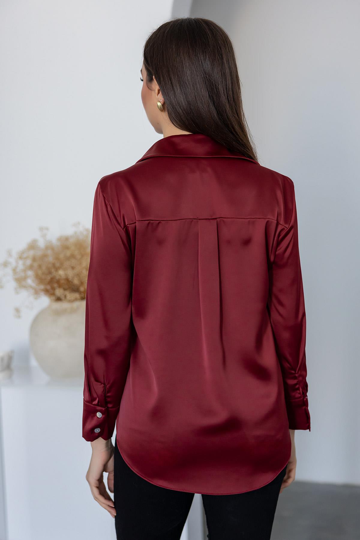 Satin Shirt with Cuffed Sleeves - CLARET RED