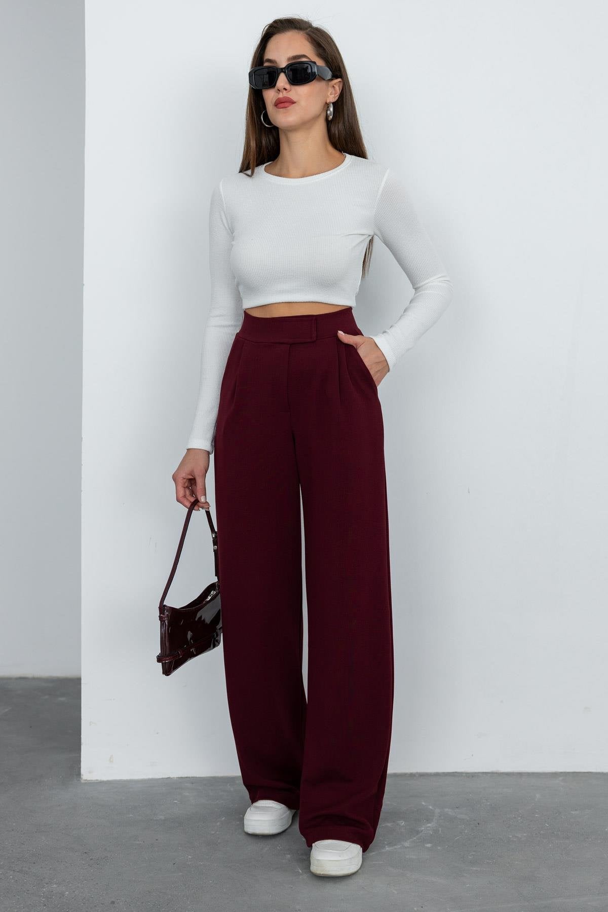 Lycra Palazzo Trousers - DARK RED